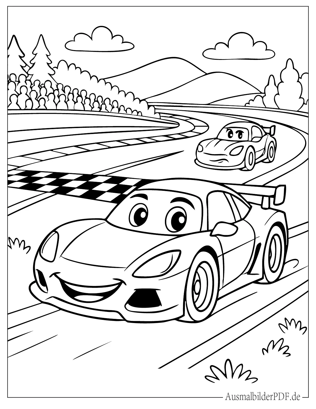 Cartoon Rennauto gewinnt Rennen Ausmalvorlage für Kinder
