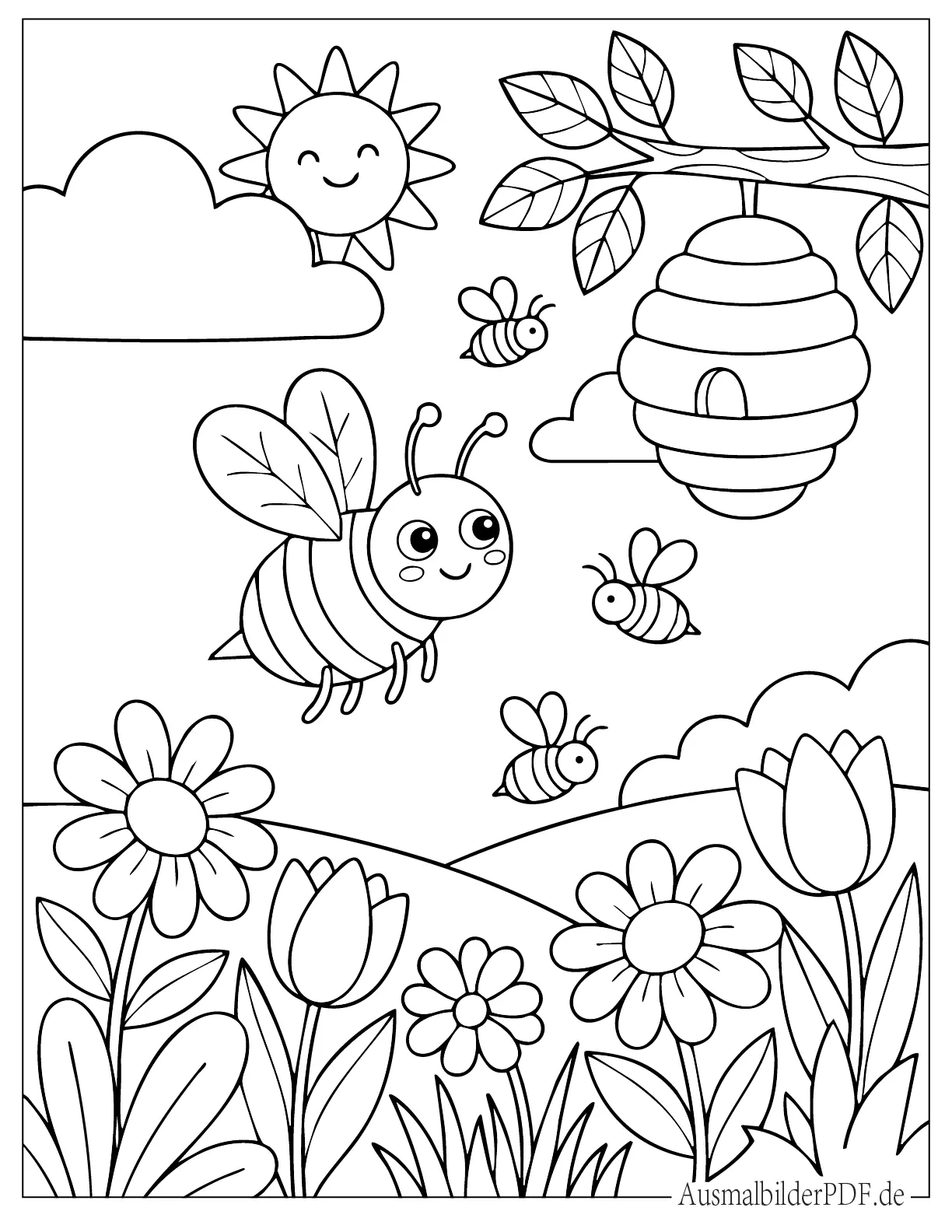 Cartoon Biene fliegt in der Nähe eines Bienenstocks auf einer Blumenwiese Malvorlage