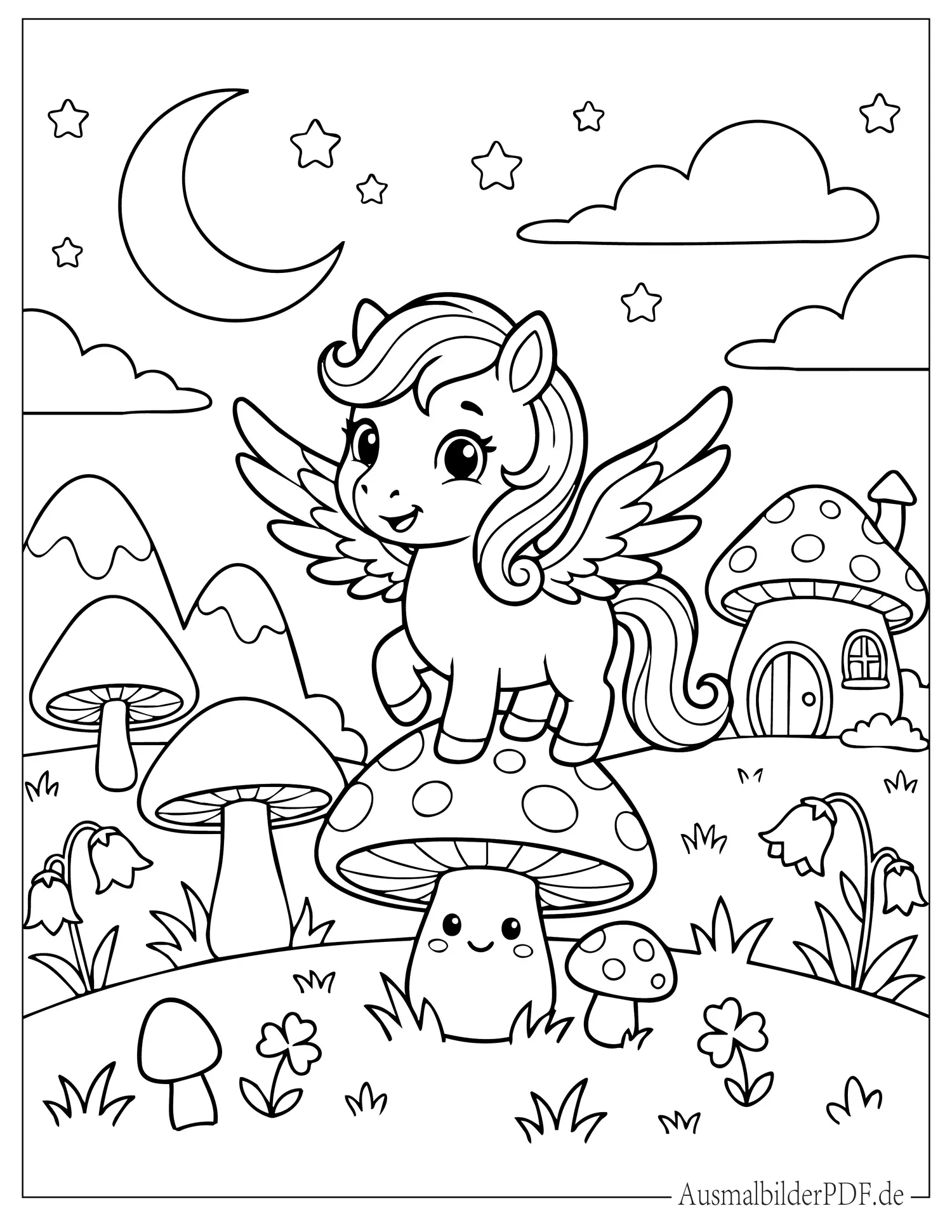 Cartoon Chibi Pegasus steht auf Pilz Ausmalbild zum Ausdrucken
