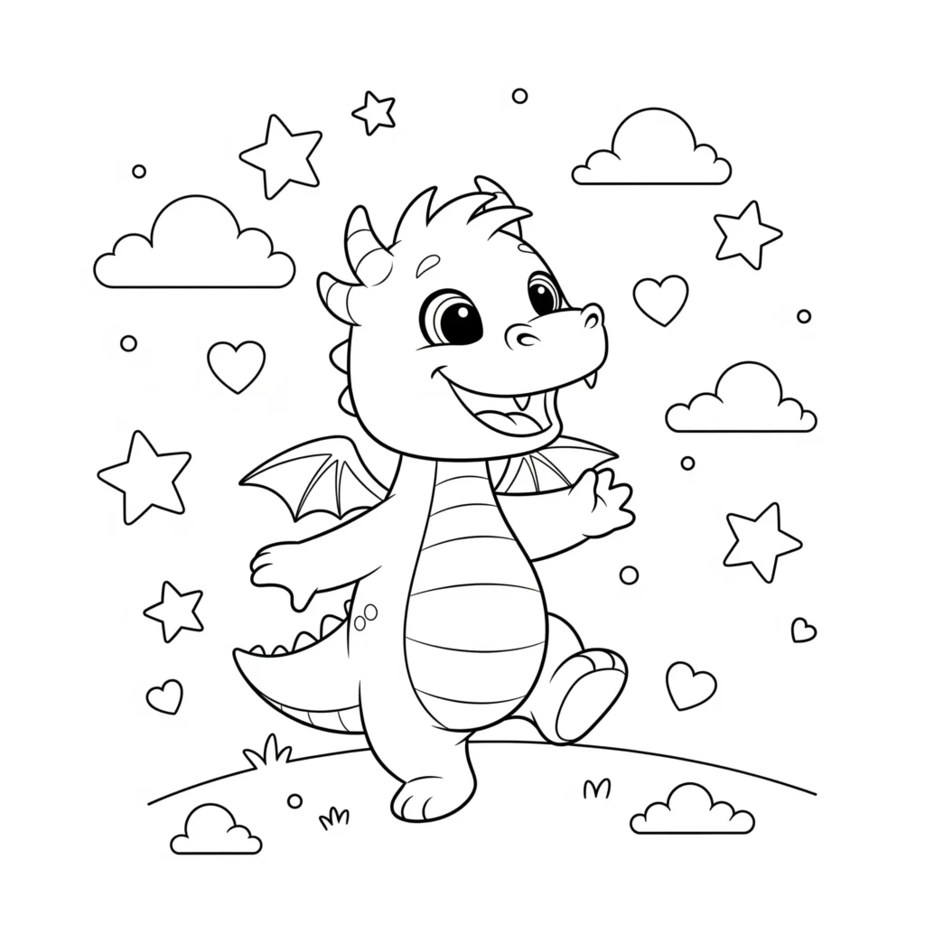 30 Drachen Ausmalbilder (Kostenlos Malvorlage zum Ausdrucken) Süßer Cartoon Drache mit Sternen und Herzen zum Ausmalen und Ausdrucken