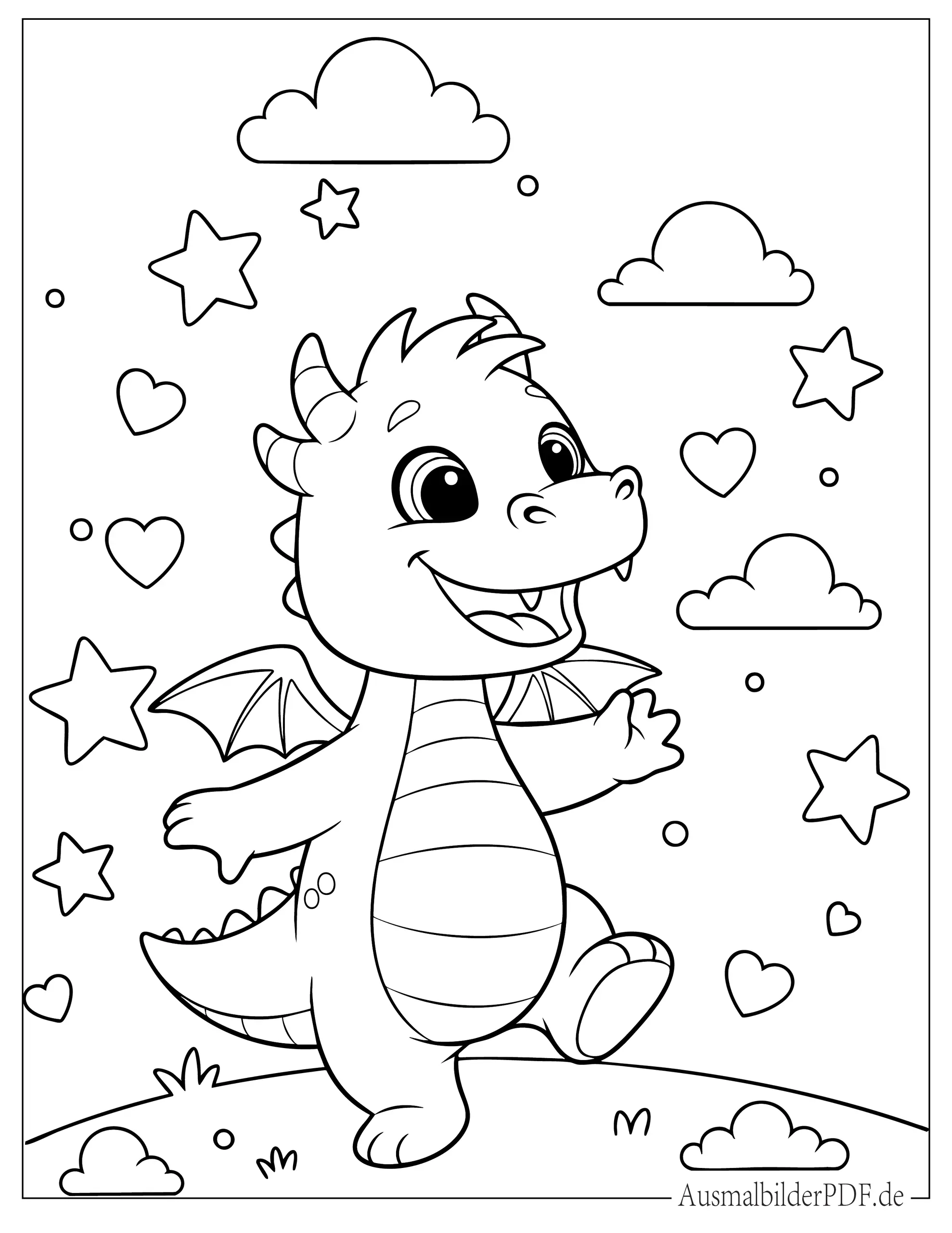 Cartoon Drache mit Sternen und Herzen Ausmalbild für Kinder