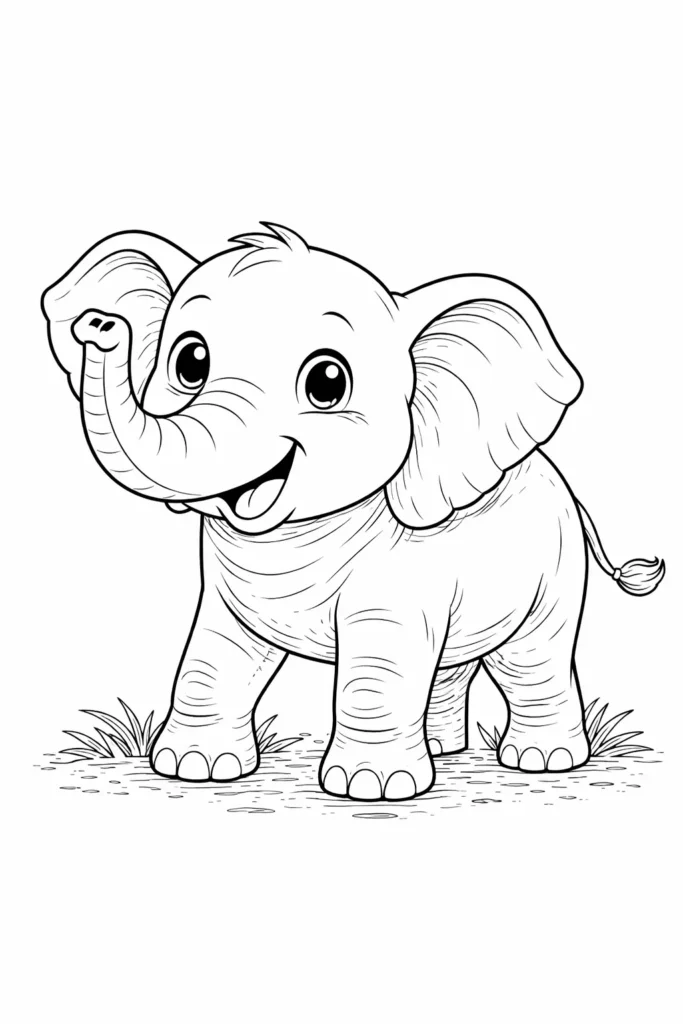 Ein ausmalbild zeigt einen lächelnden Cartoon Elefanten mit großen Augen in einer einfachen Landschaft ideal für Kinder und kreative Momente