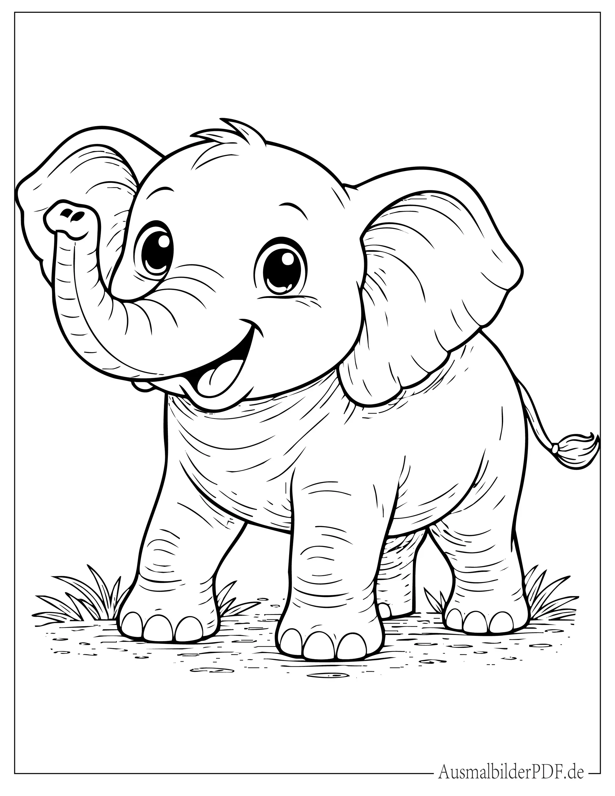 Glücklicher Baby Cartoon Elefant mit erhobenem Rüssel Ausmalbild