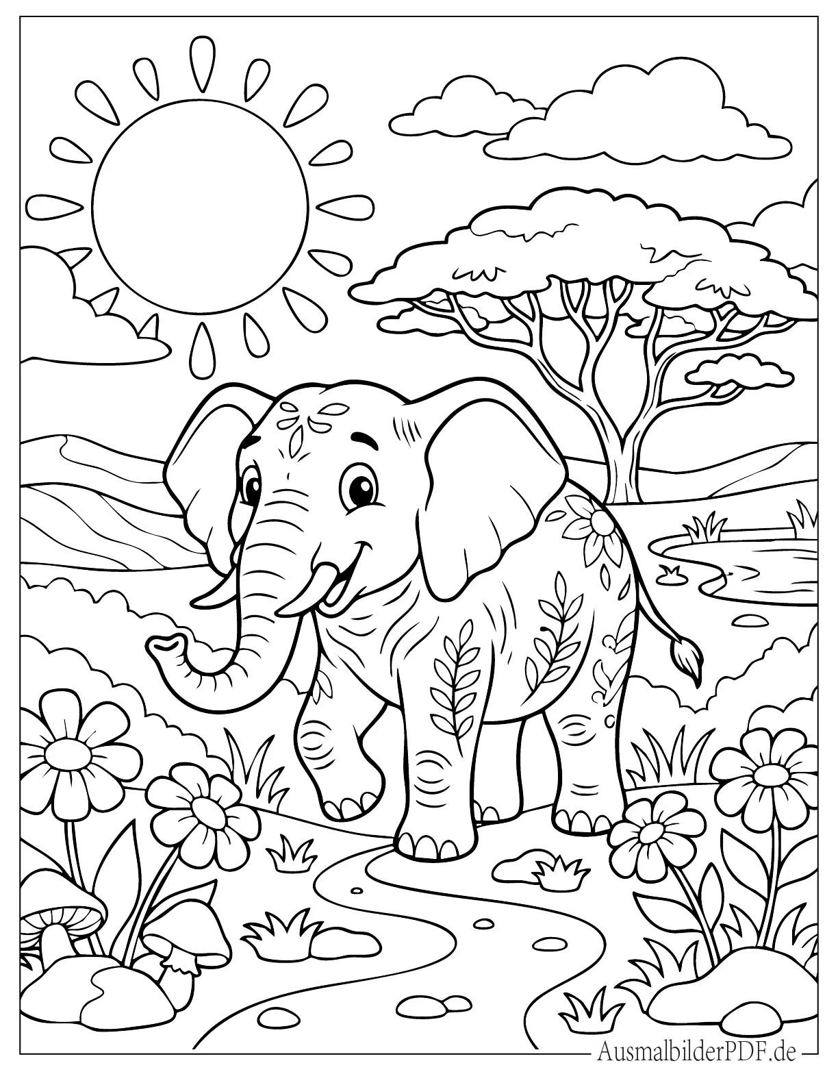 Cartoon Elefant läuft in der Savanne zum Ausmalen