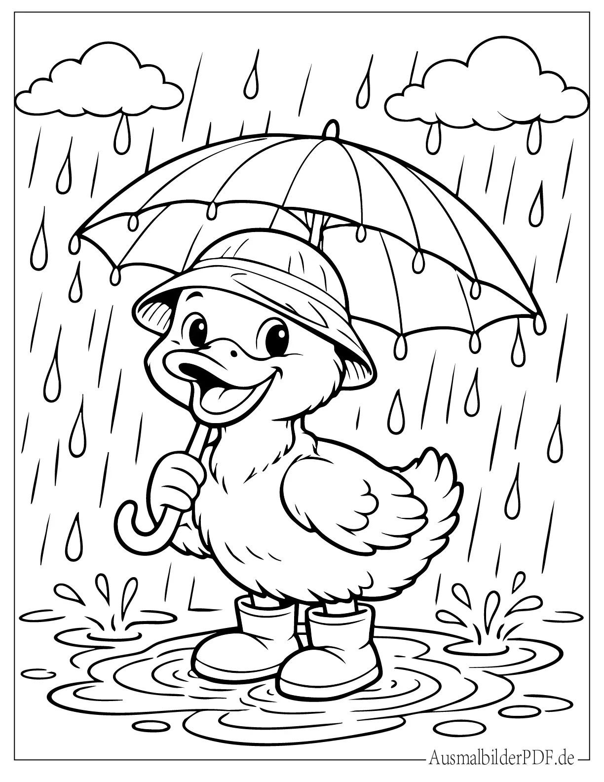 Cartoon Ente im Regen mit Regenschirm Ausmalvorlage