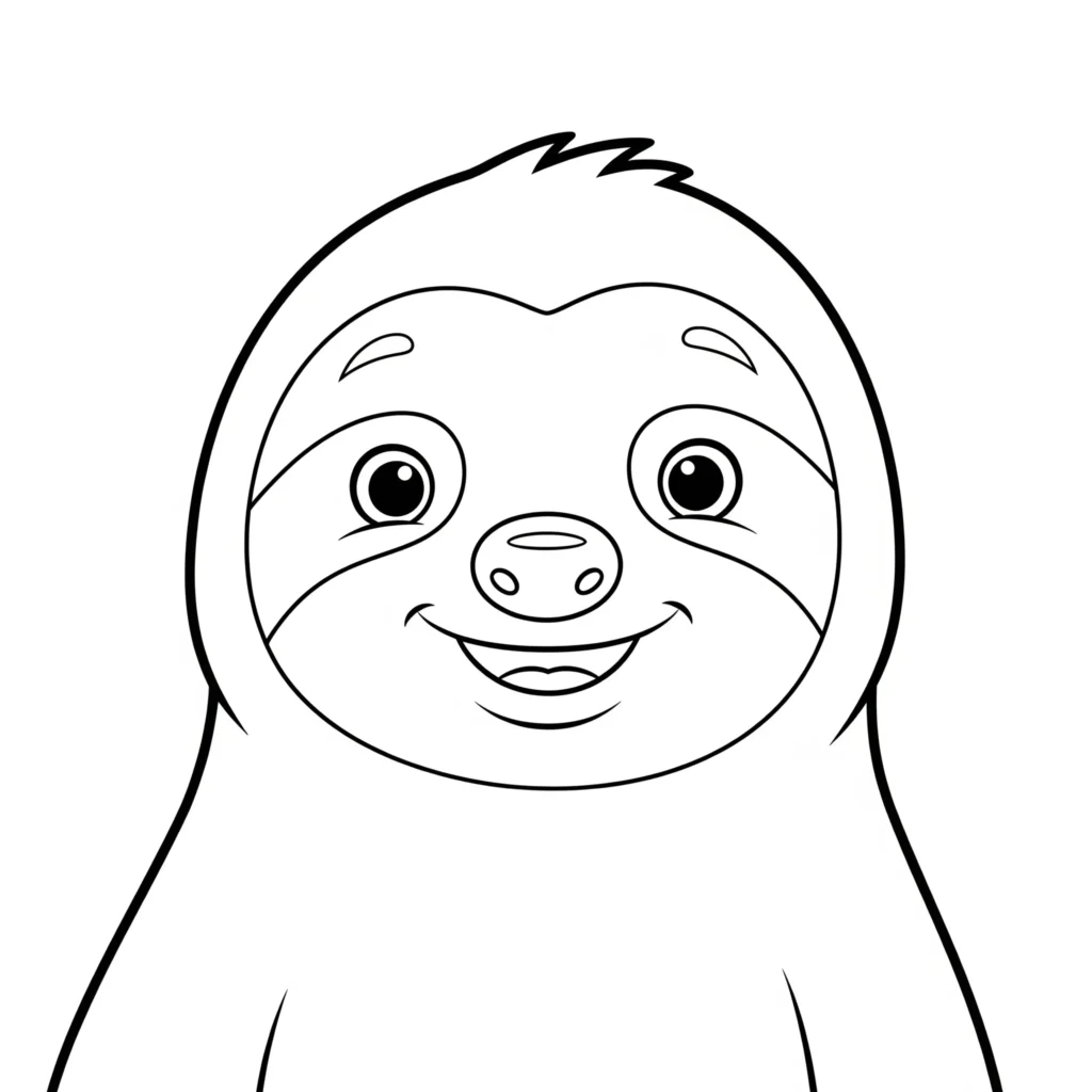 Faultier ausmalbild zum Ausdrucken kostenlos für Kinder. Das fröhliche Cartoon Faultier lächelt und sitzt entspannt – perfekt als kreative Malvorlage.