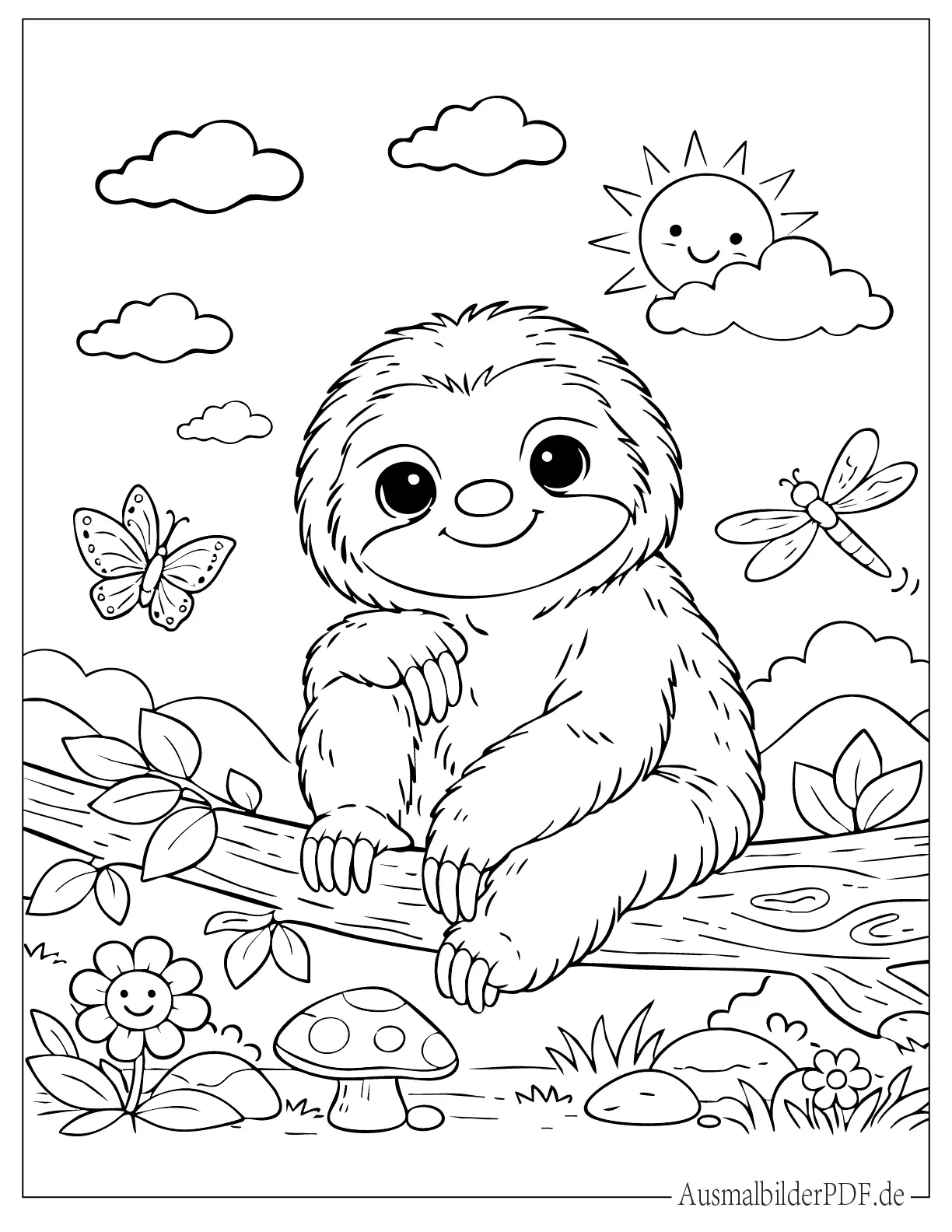10 Faultier Ausmalbilder (Gratis Vorlagen zum Ausdrucken) Süßes Cartoon Faultier Ausmalbild für kleine Kinder