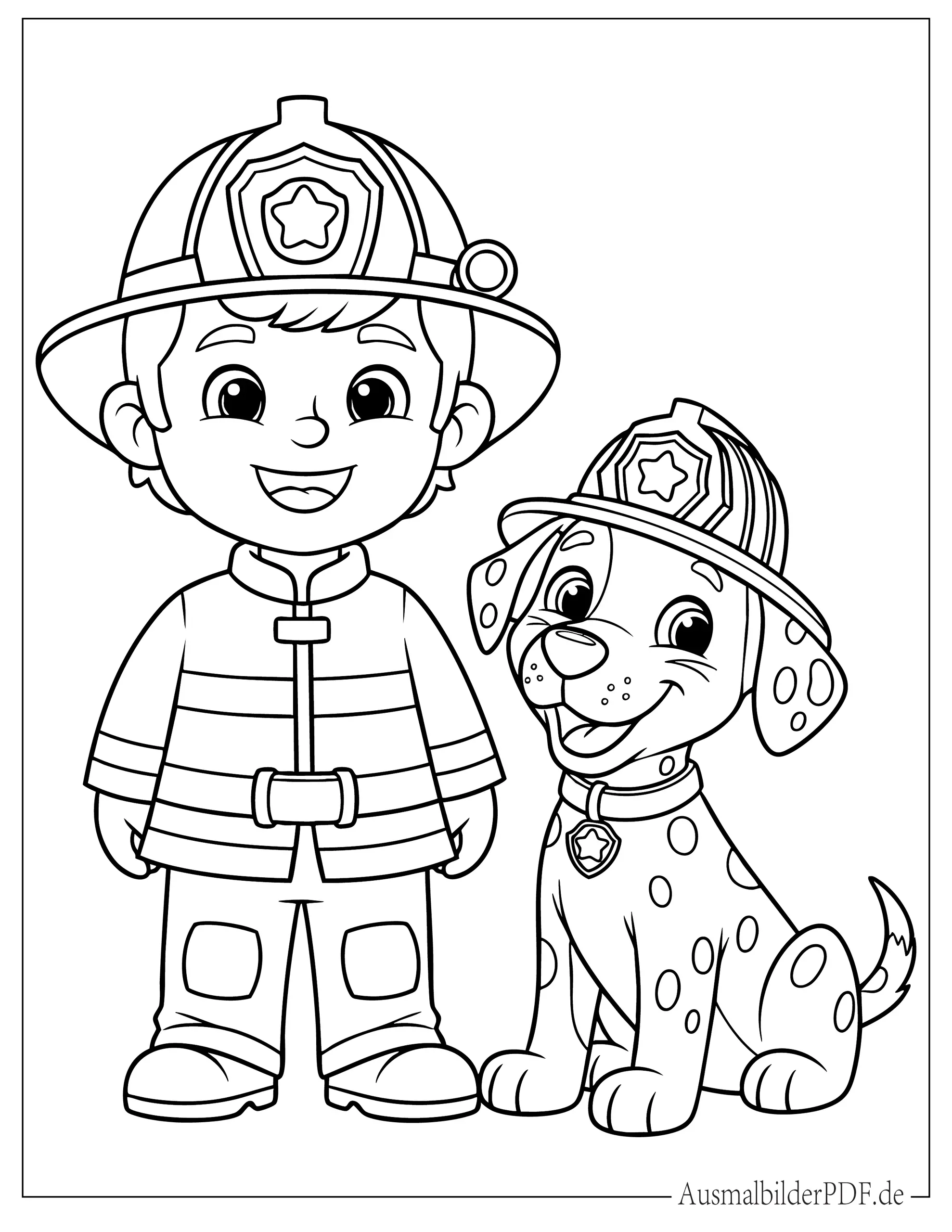 Cartoon Feuerwehrmann mit Dalmatiner Hund Ausmalvorlage