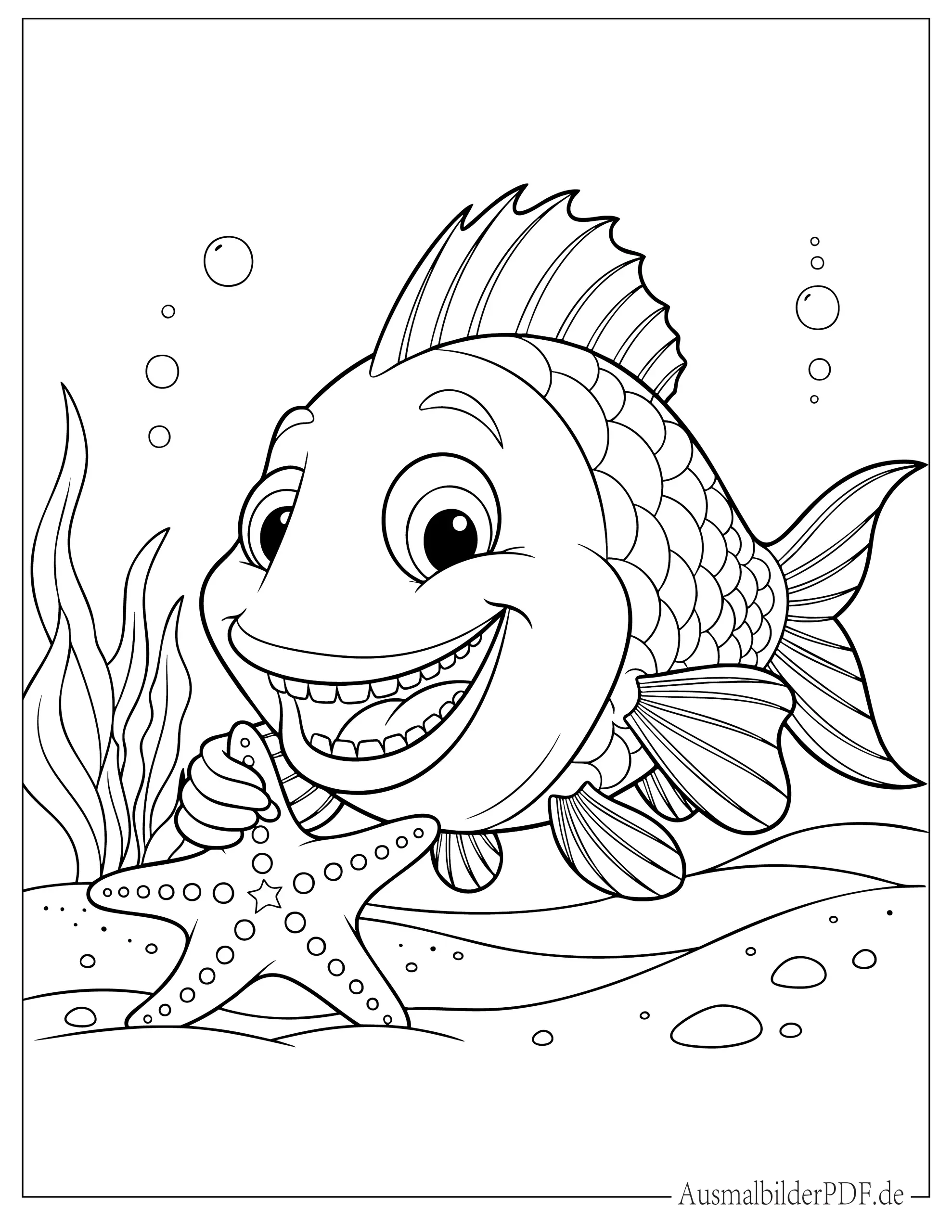Cartoon Fisch hält Seestern Ausmalvorlage