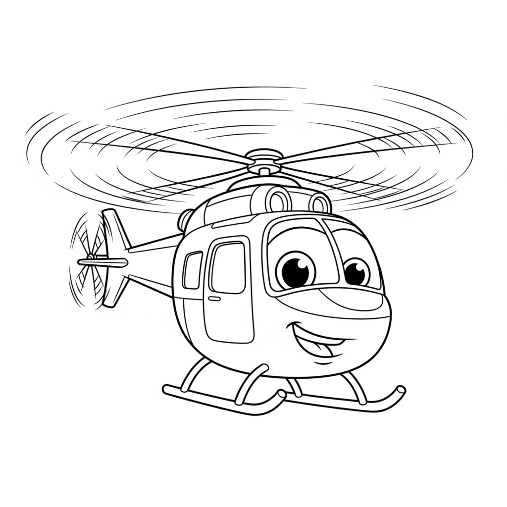 Hubschrauber Ausmalbilder (Gratis Malvorlage zum Ausdrucken) Cartoon Ausmalbild mit einem freundlichen Hubschrauber, runde Formen und klare Linien, ideal zum Ausmalen für jüngere Kinder