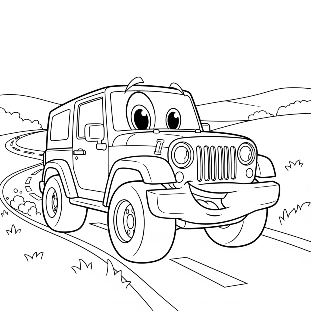 Jeep Ausmalbilder (Kostenlos Malvorlage zum Ausdrucken) Cartoon Jeep Ausmalbild zum Ausdrucken kostenlos, zeigt einen lustigen Jeep, perfekt für Kinder zum Ausmalen und Spaß haben