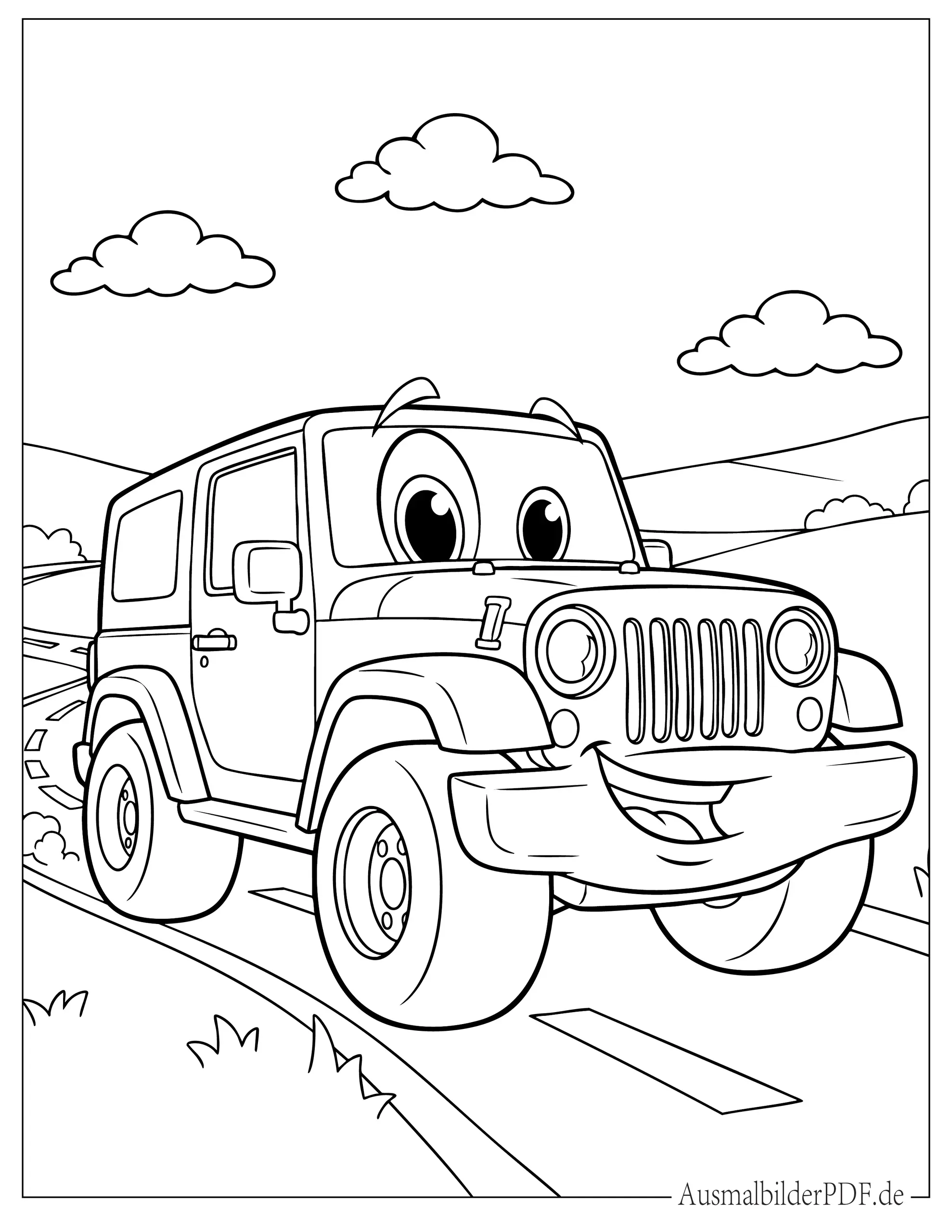 Cartoon Jeep mit Augen Ausmalbild für Kinder