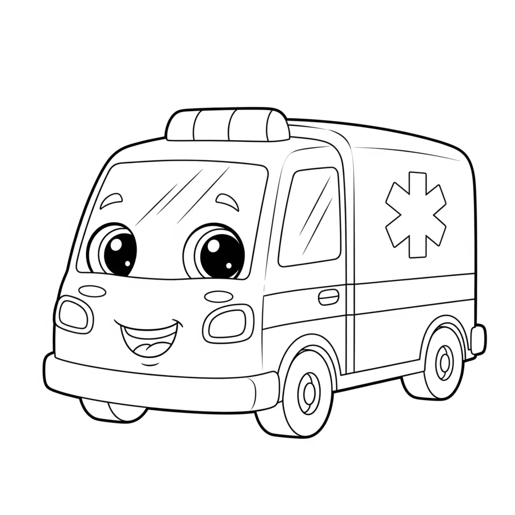 Krankenwagen Ausmalbilder (Gratis Malvorlage Ausdrucken) Ein farbenfrohes Cartoon Krankenwagen Ausmalbild, perfekt für Kinder zum Ausdrucken und Ausmalen mit viel Spaß.