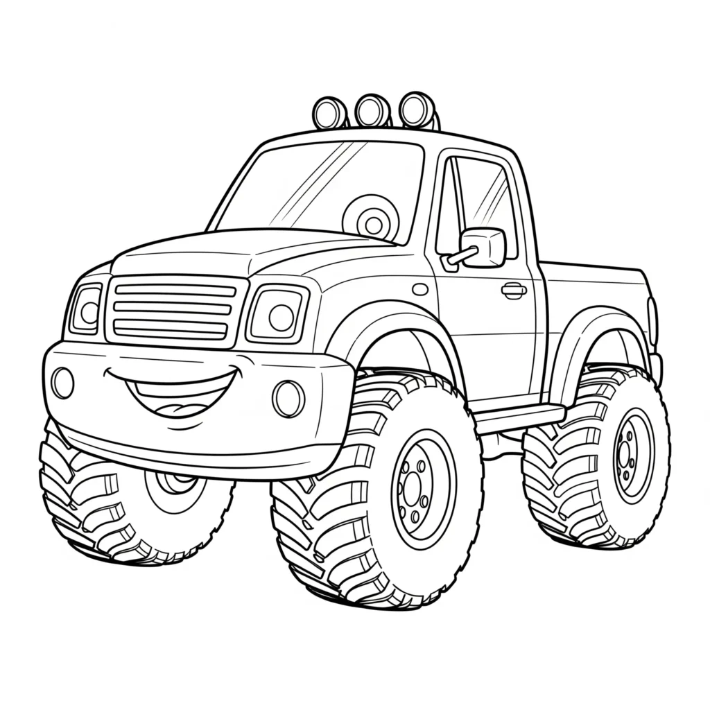 Ausmalbild eines lustigen Cartoon-LKWs mit lächelndem Gesicht, ideal für Kinder und geeignet als LKW Ausmalbilder PDF