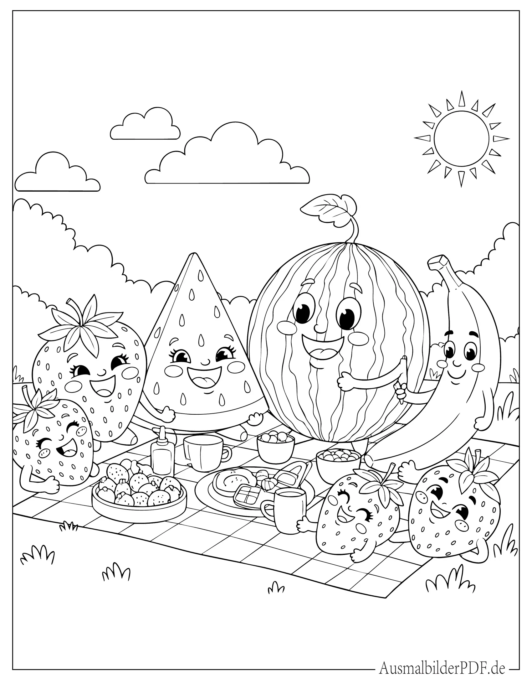 Cartoon Früchte Charaktere machen ein Picknick Malvorlage