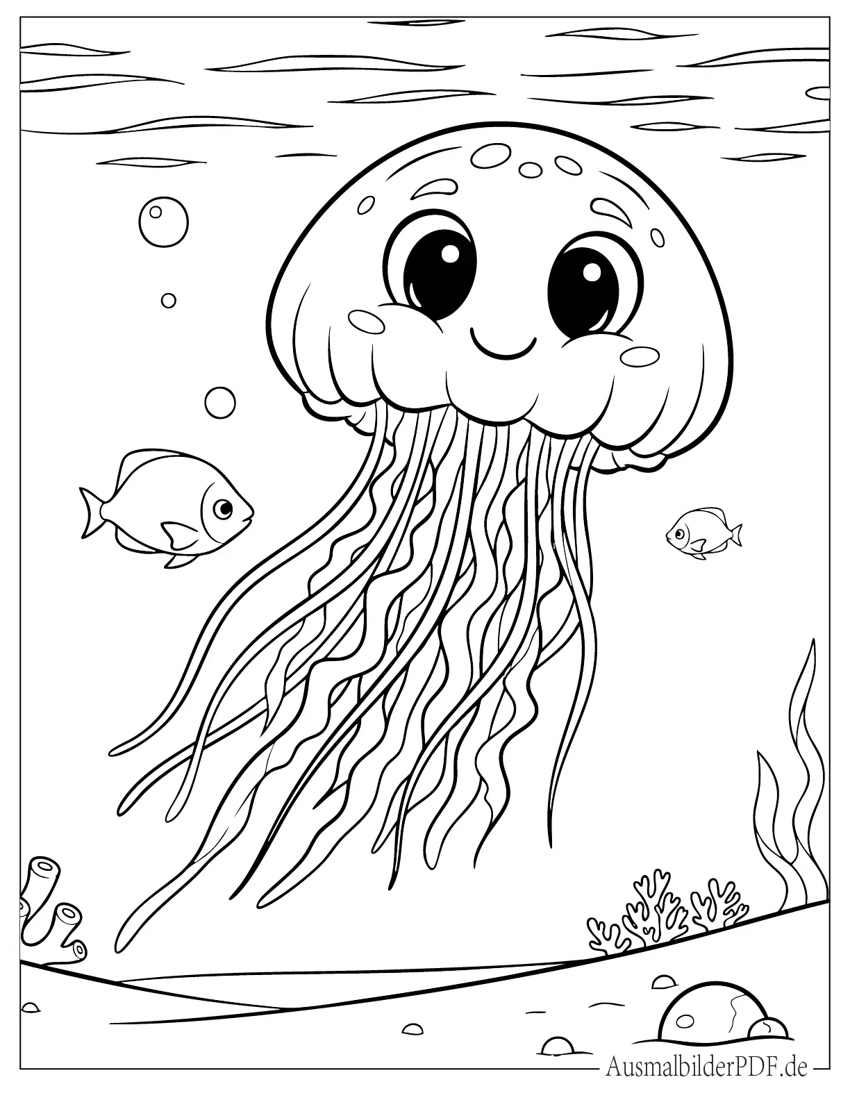 10+ Qualle Ausmalbilder (Gratis Malvorlage zum Ausdrucken) Cartoon Qualle mit großen Augen Malvorlage zum Ausdrucken