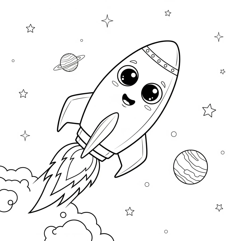 Cartoon Rakete Malvorlage, eine lustige Rakete für Kinder zum Ausmalen