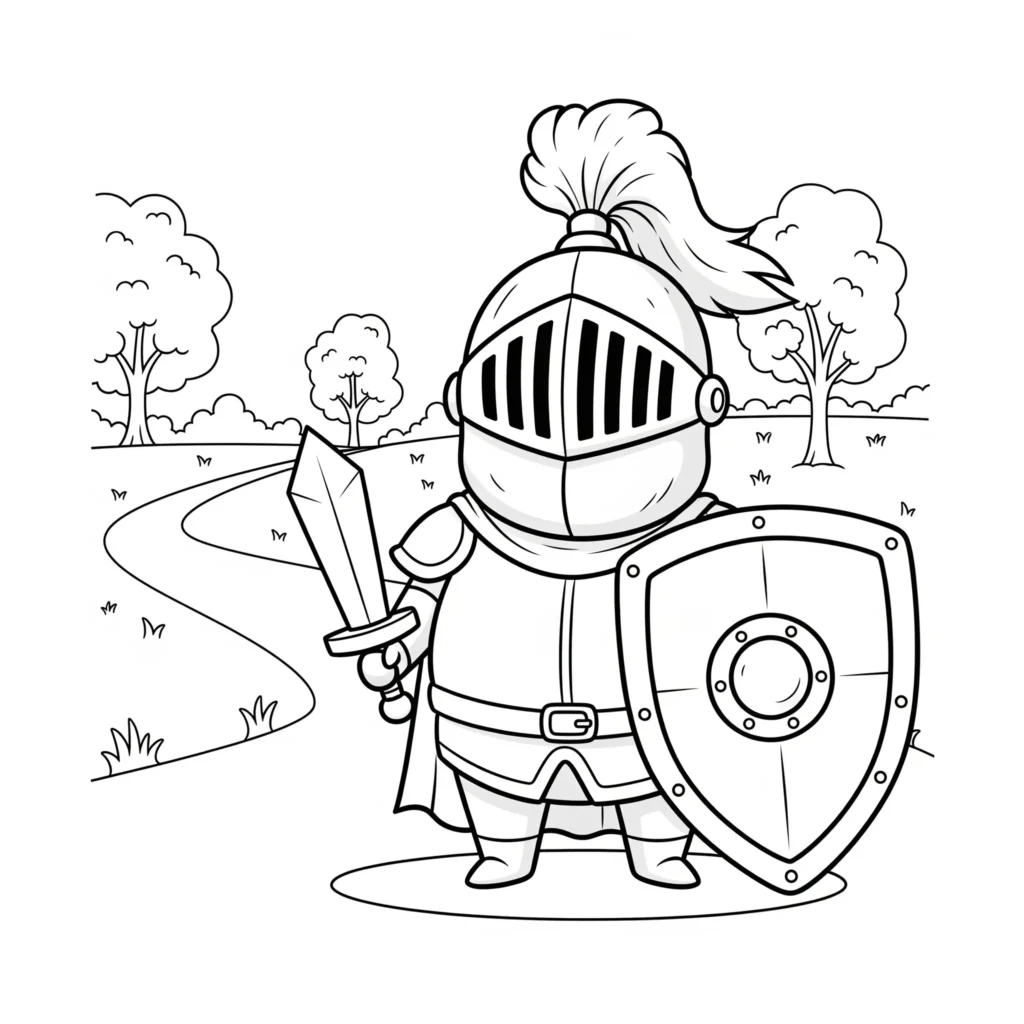 Lustiger Ritter mit großem Helm ausmalbild zum ausdrucken