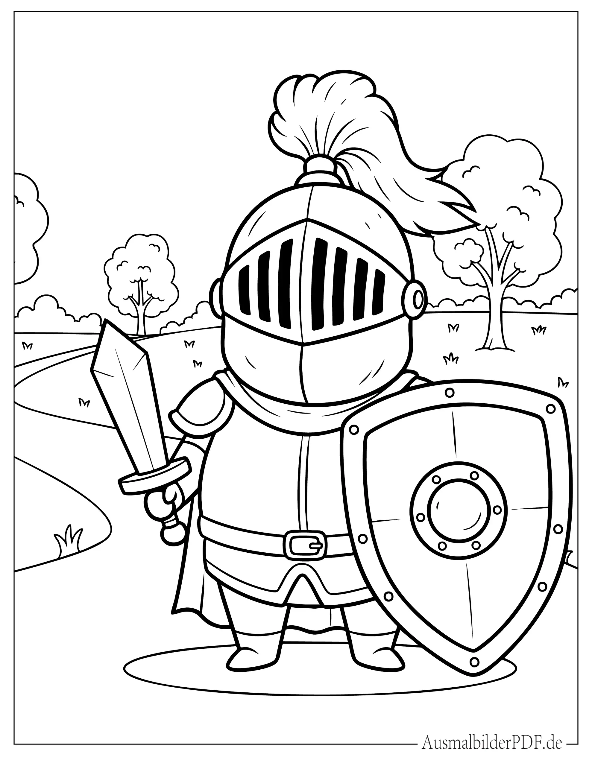 Cartoon Ritter mit großem Helm Malvorlage für Kinder