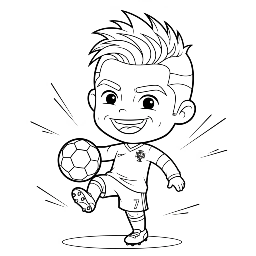 Cartoon Ronaldo Ausmalbild zeigt eine lustige Zeichnung von Cristiano Ronaldo, ideal zum Ausdrucken und Ausmalen für Kinder