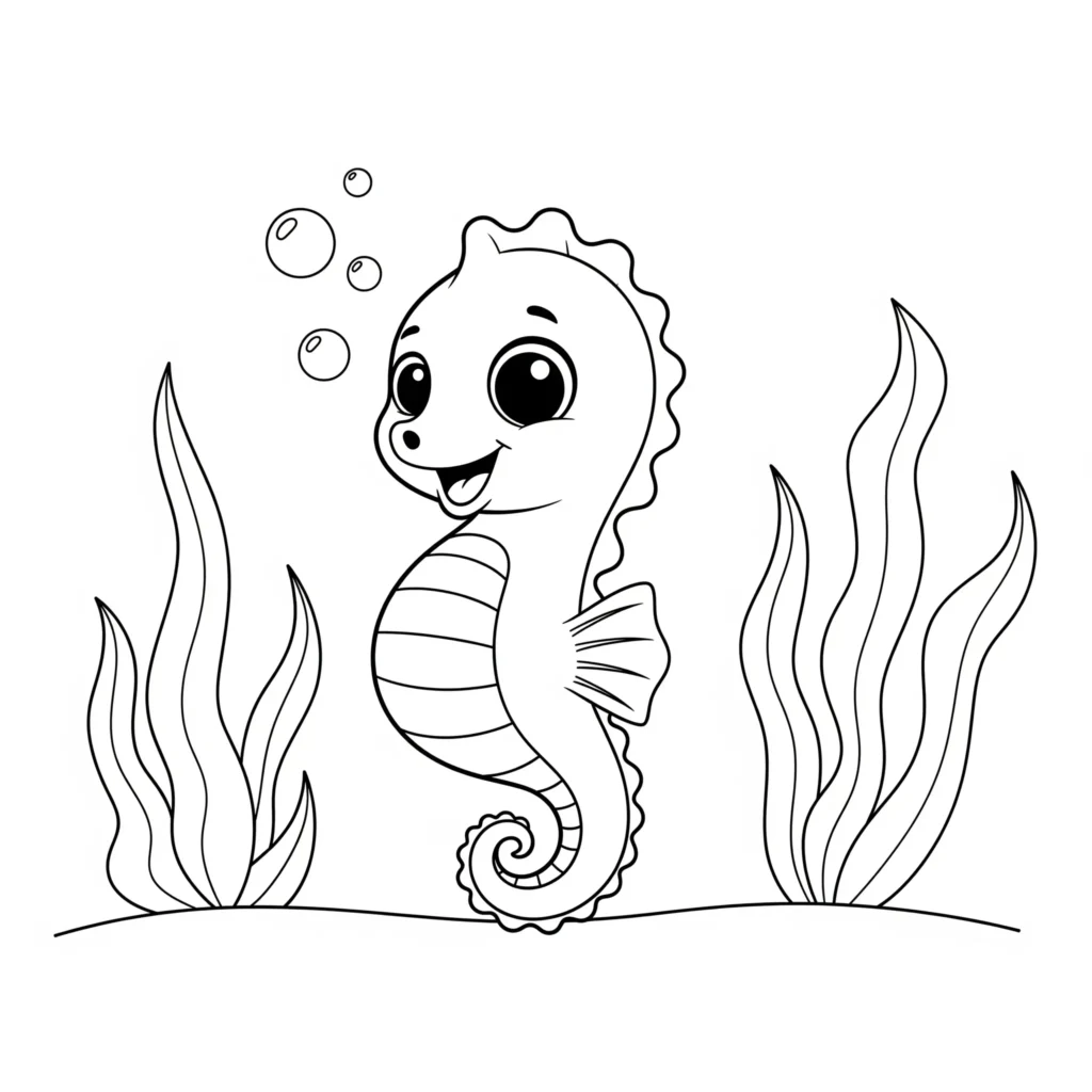 Dieses Bild zeigt ein fröhliches Seepferdchen im Comic-Stil. Ideal für Kinder