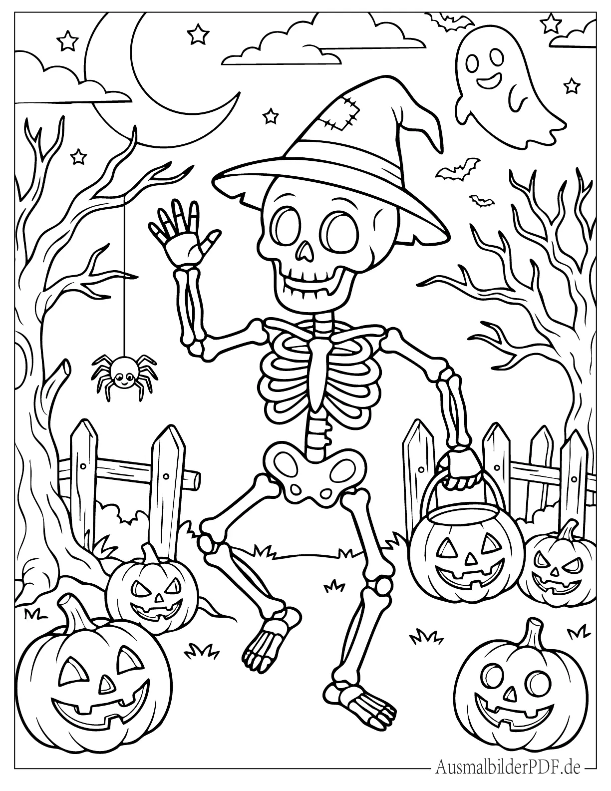 Cartoon Skelett mit Hexenhut an Halloween Malvorlage
