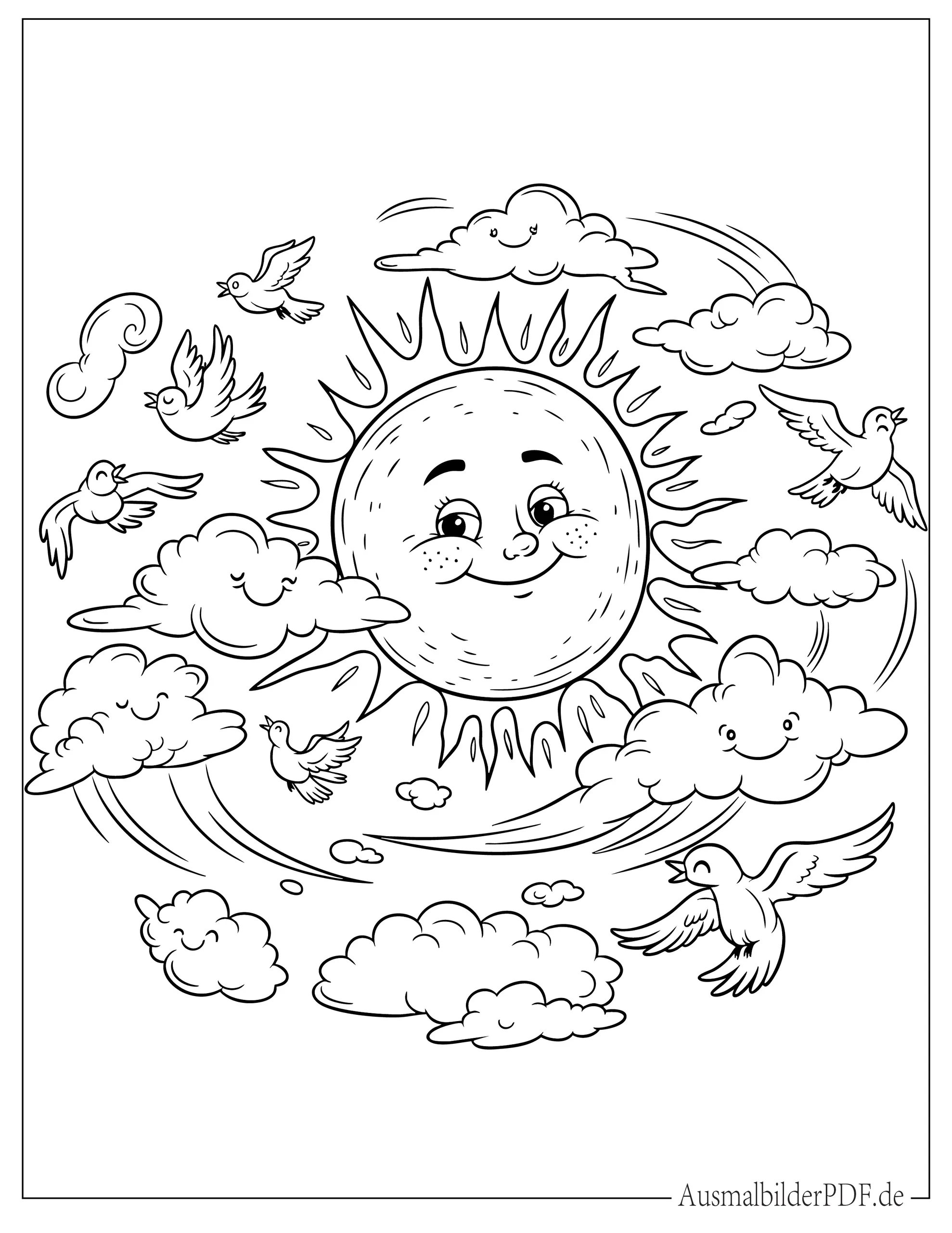 Cartoon Sonne umgeben von glücklichen Wolken Malvorlage für Kinder