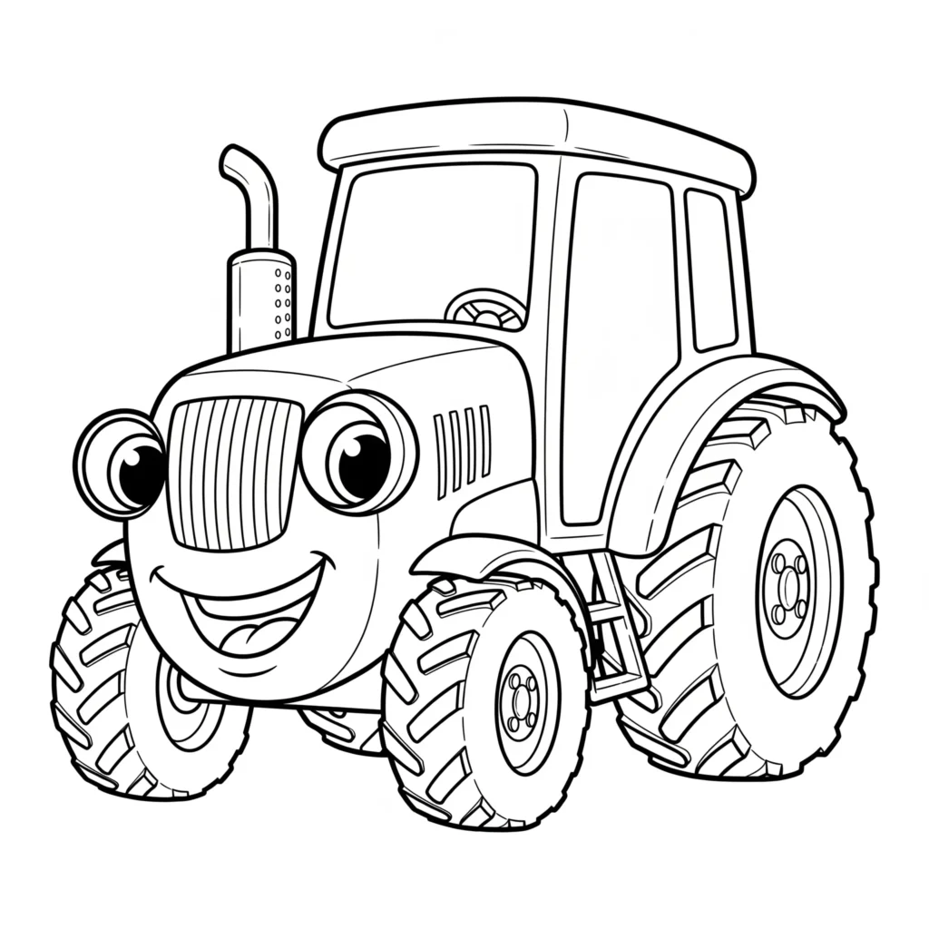 Cartoon Traktor Ausmalbild mit freundlichem Gesicht, ideal für Kinder zum Ausmalen und Ausdrucken