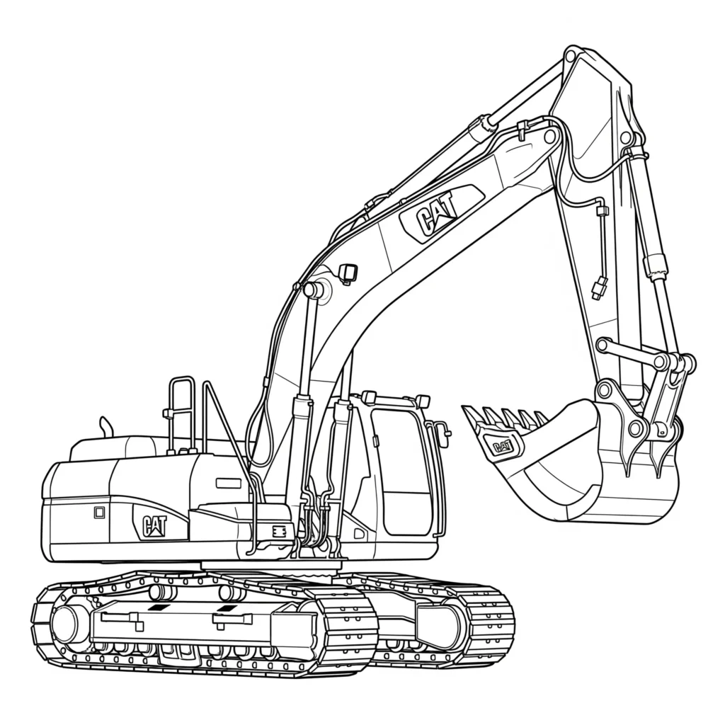 10+ Bagger Ausmalbilder (Kostenlos Malvorlage zum Ausdrucken) CAT Bagger Ausmalbild auf einer Baustelle, perfekt zum Ausdrucken und Ausmalen