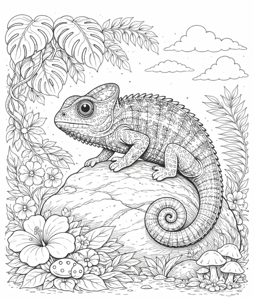 10 Chamäleon Ausmalbilder (Gratis Malvorlage PDF zum drucken) Detailliertes Chamäleon auf Felsen zwischen Pflanzen. Kostenlose Druckvorlage zum Ausmalen für Kinder und Erwachsene zuhause.