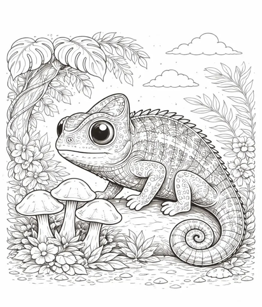 10 Chamäleon Ausmalbilder (Gratis Malvorlage PDF zum drucken) Chamäleon sitzt neben kleinen Waldpilzen zwischen Blättern und Blumen, perfekt zum Ausmalen für Kinder und Erwachsene.