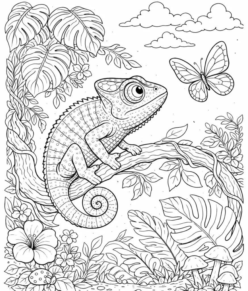 10 Chamäleon Ausmalbilder (Gratis Malvorlage PDF zum drucken) Detailliertes Chamäleon beobachtet einen Schmetterling zwischen Blättern und Blumen. Kostenlose Druckvorlage für Kinder und Erwachsene.