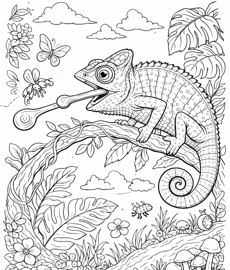 10 Chamäleon Ausmalbilder (Gratis Malvorlage PDF zum drucken) Diese Malvorlage zeigt ein Chamäleon beim Fangen einer Fliege mit der Zunge. Kostenlos drucken für Kinder und Erwachsene möglich.