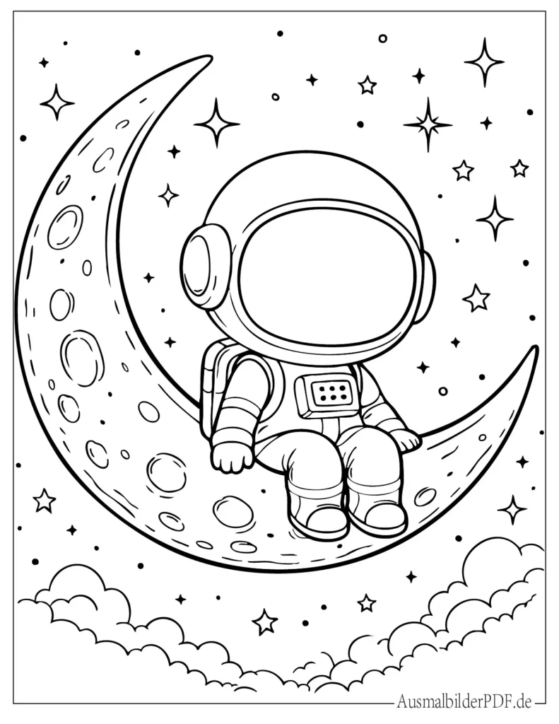 Chibi Astronaut sitzt auf Sichelmond, süßes Ausmalbild für Kinder als Malvorlage zum Ausdrucken