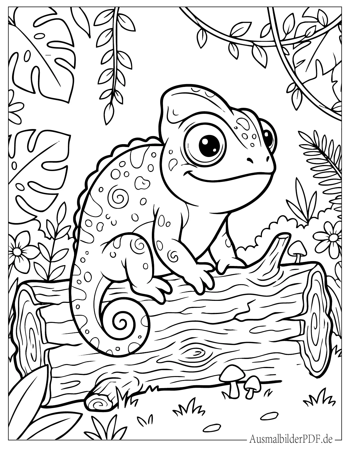 Chibi Chamäleon sitzt auf Baumstamm zum Ausmalen