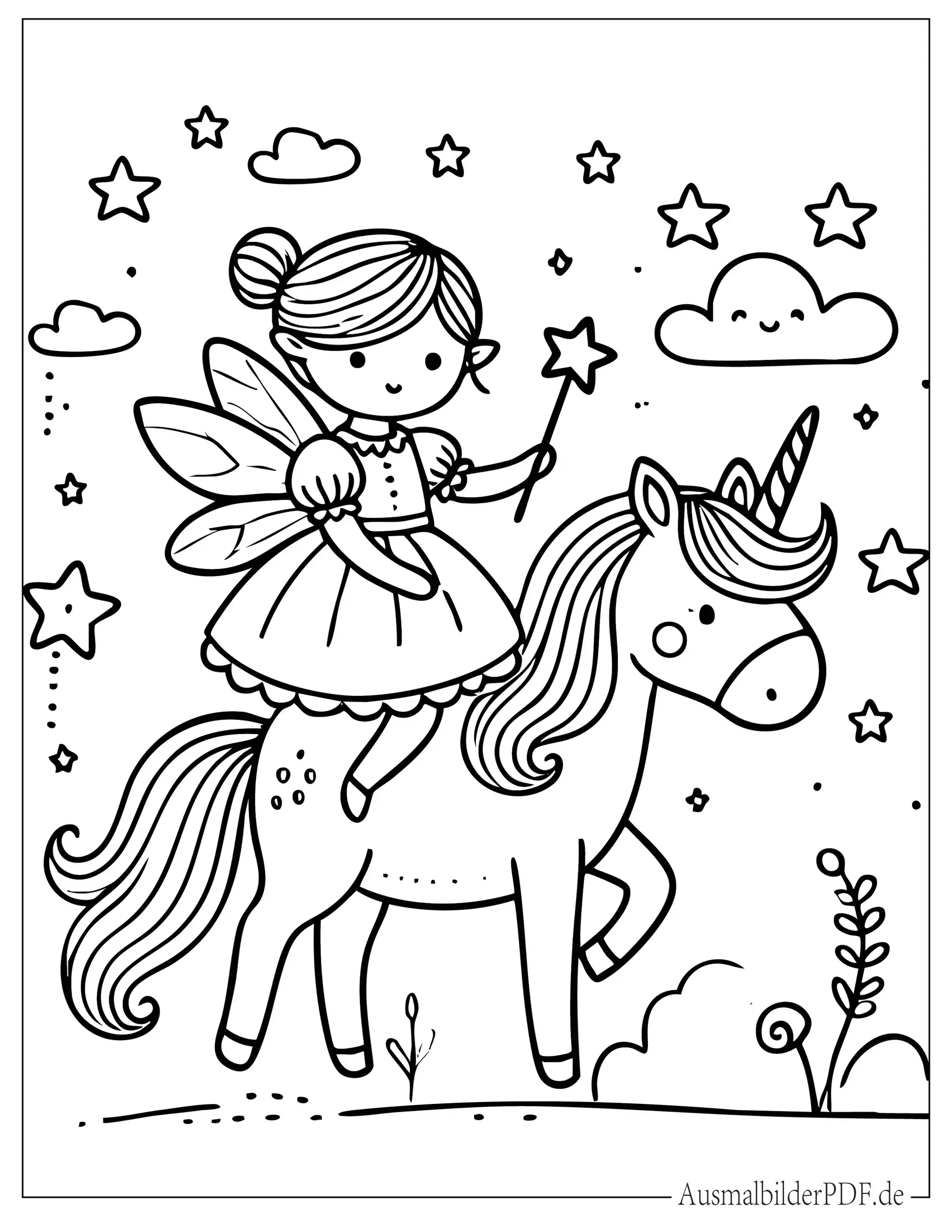 Chibi Fee reitet auf Einhorn zum Ausmalen für Mädchen
