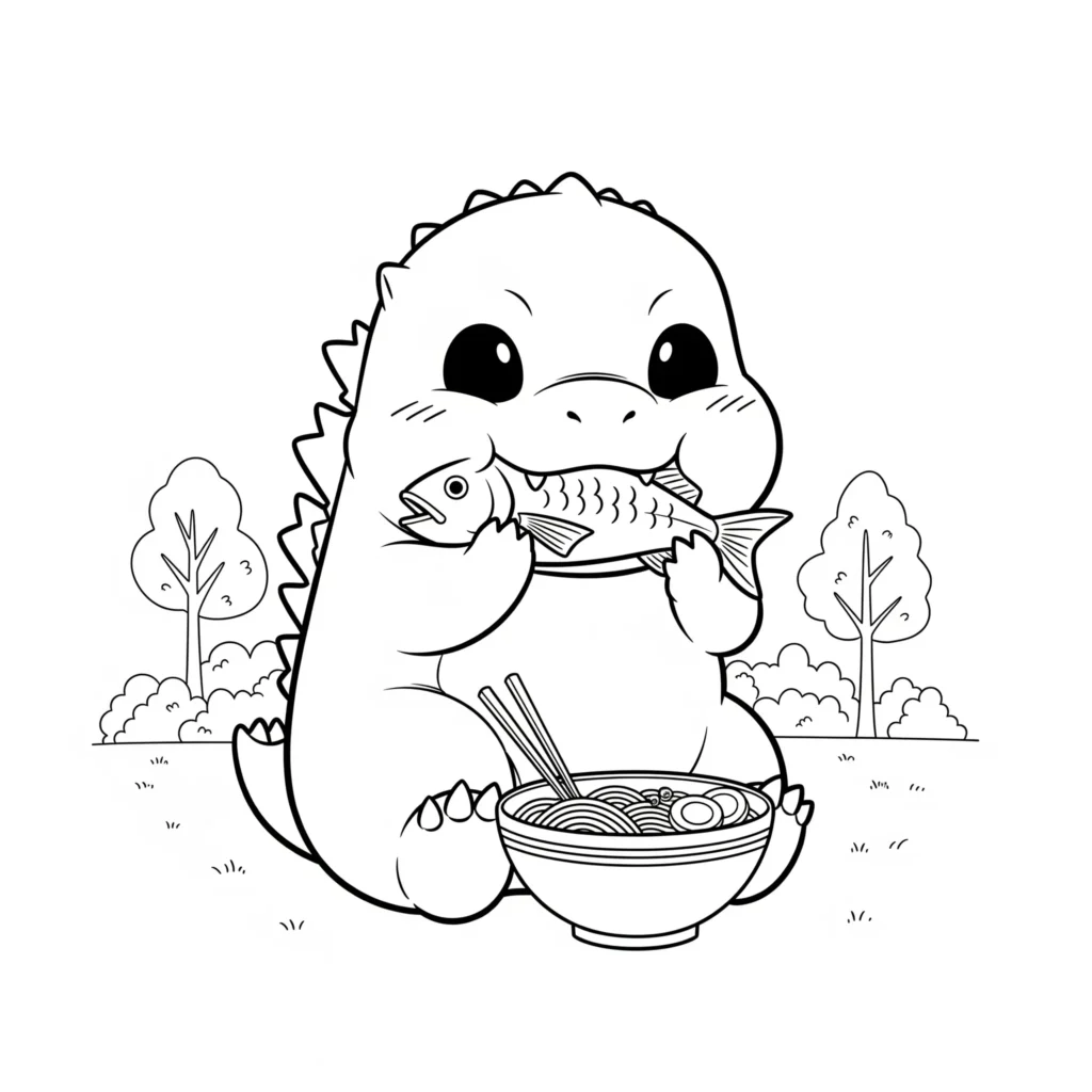 godzilla ausmalbilder für kinder im süßen chibi stil als pdf malvorlage zum kostenlosen ausdrucken und ausmalen geeignet