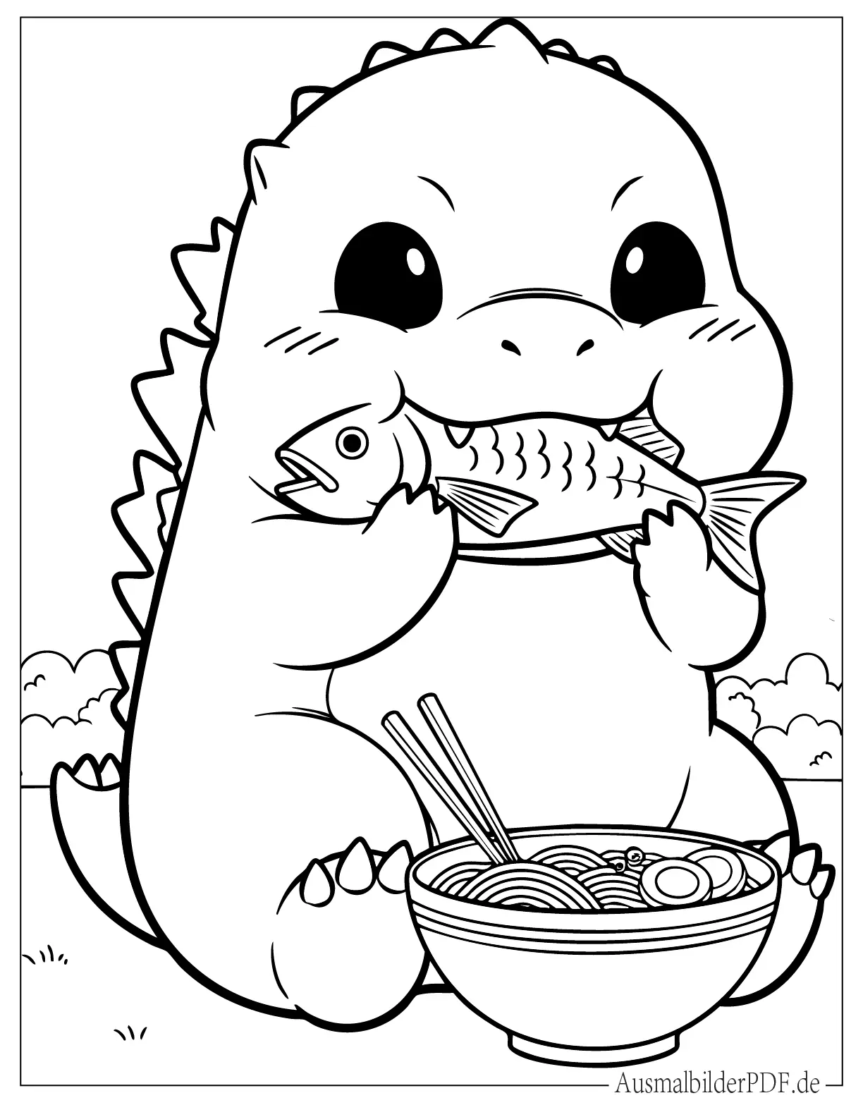 Niedlicher Chibi Godzilla isst Snacks Malvorlage für kleine Kinder