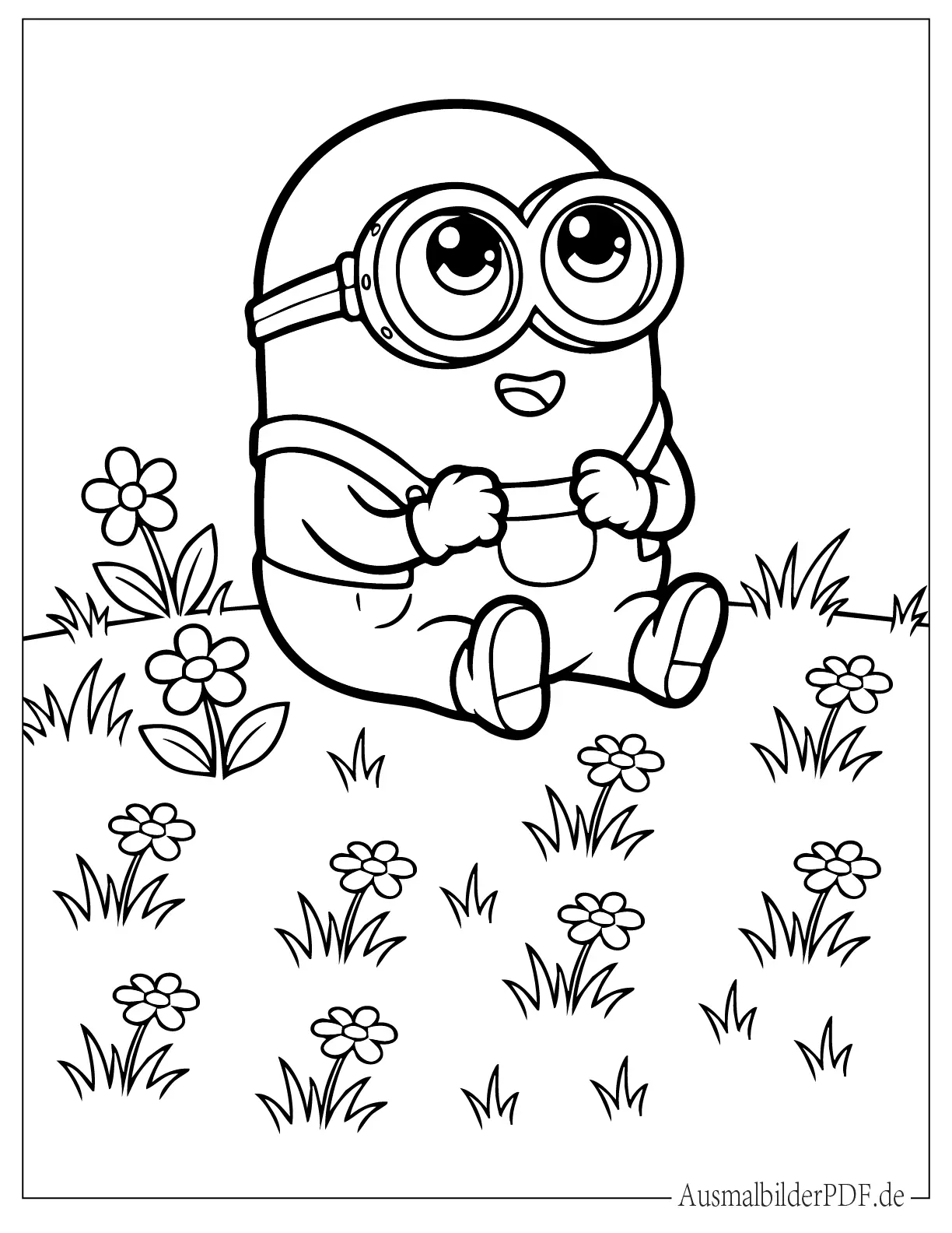 Baby Stil niedlicher Minion sitzt zwischen Blumen zum Ausmalen