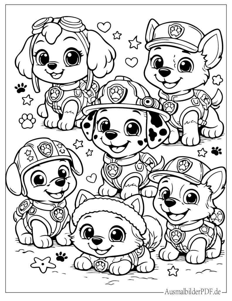 Malvorlage mit niedlichen Chibi-Versionen der Paw Patrol Welpen, kreative ausmalvorlage für Kinder