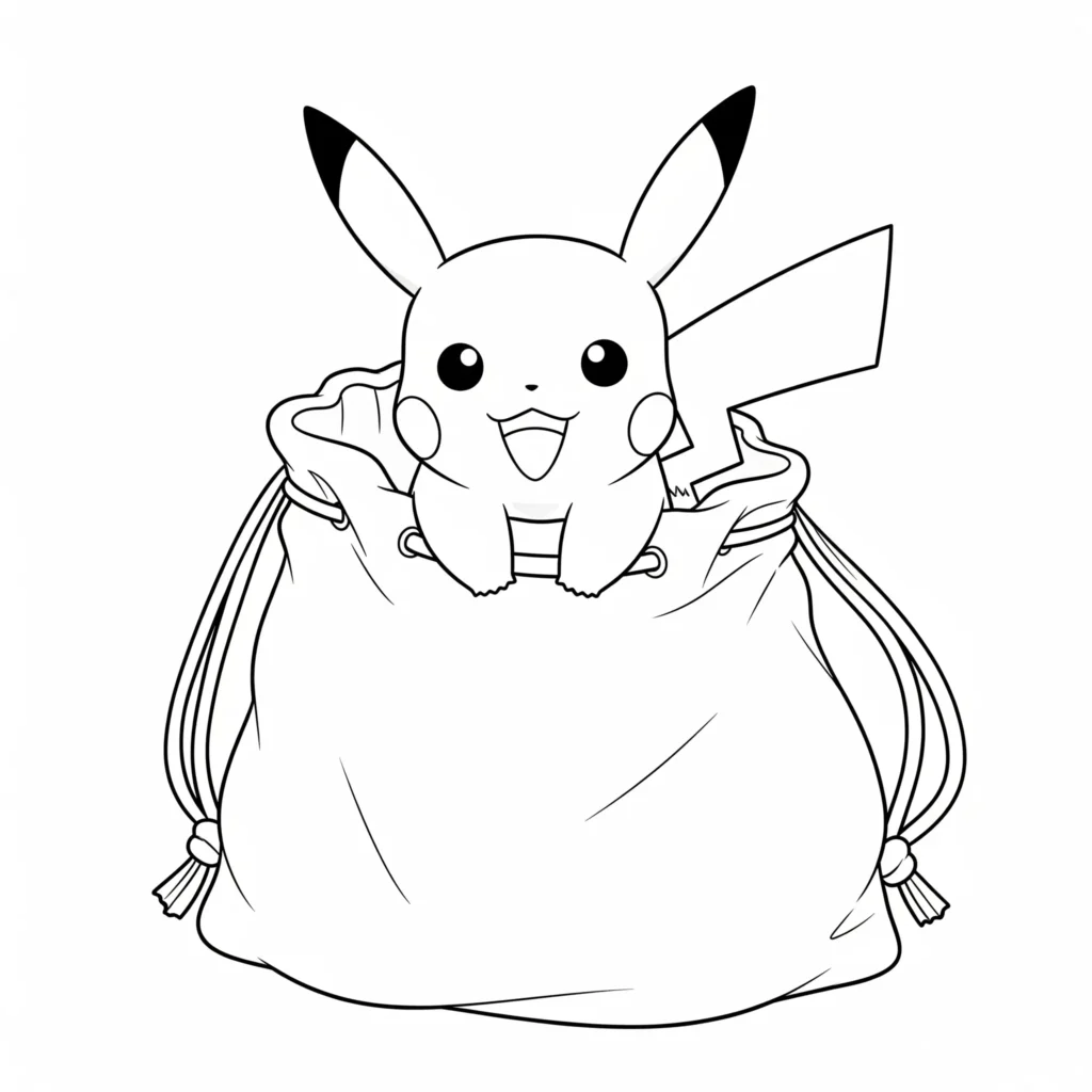 Ausmalbild mit einem süßen Chibi Pikachu, das neugierig aus einer gemütlichen Tasche schaut – perfekt für Kinder, die Pokémon lieben und malen möchten.