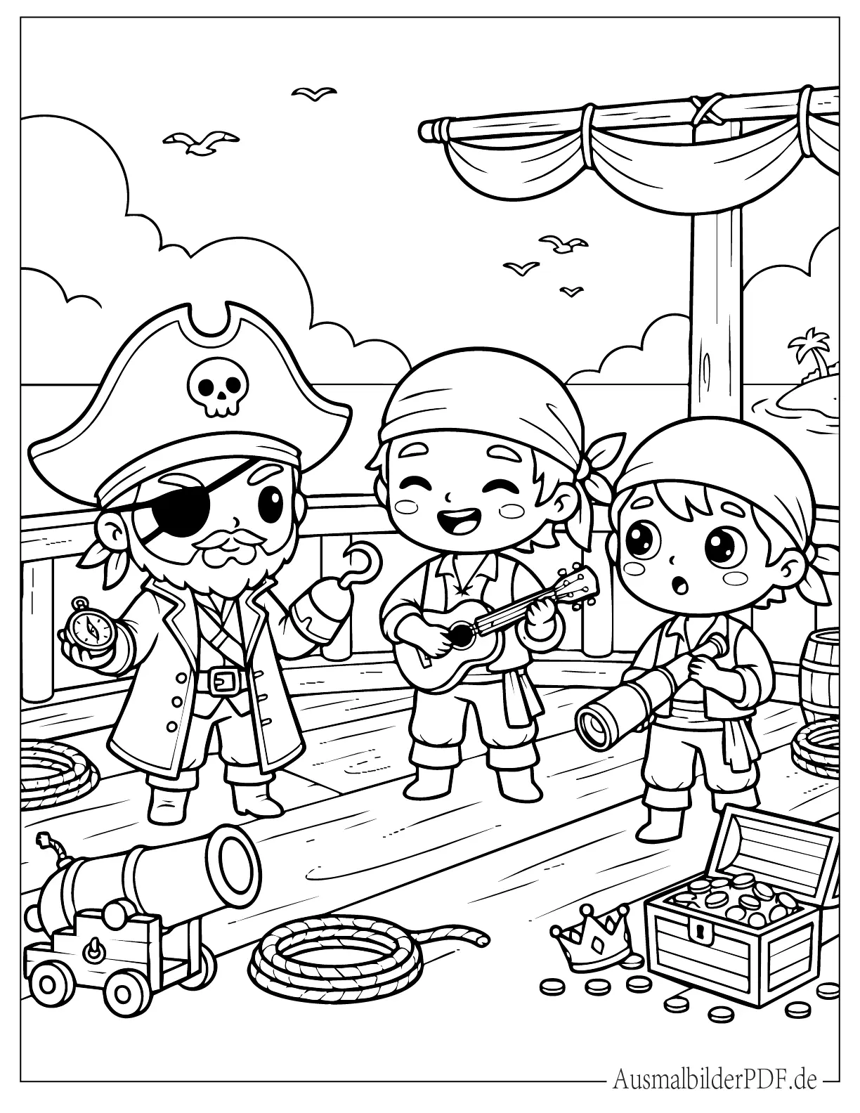 Drei süße Chibi Piraten auf einem Schiff Malvorlage