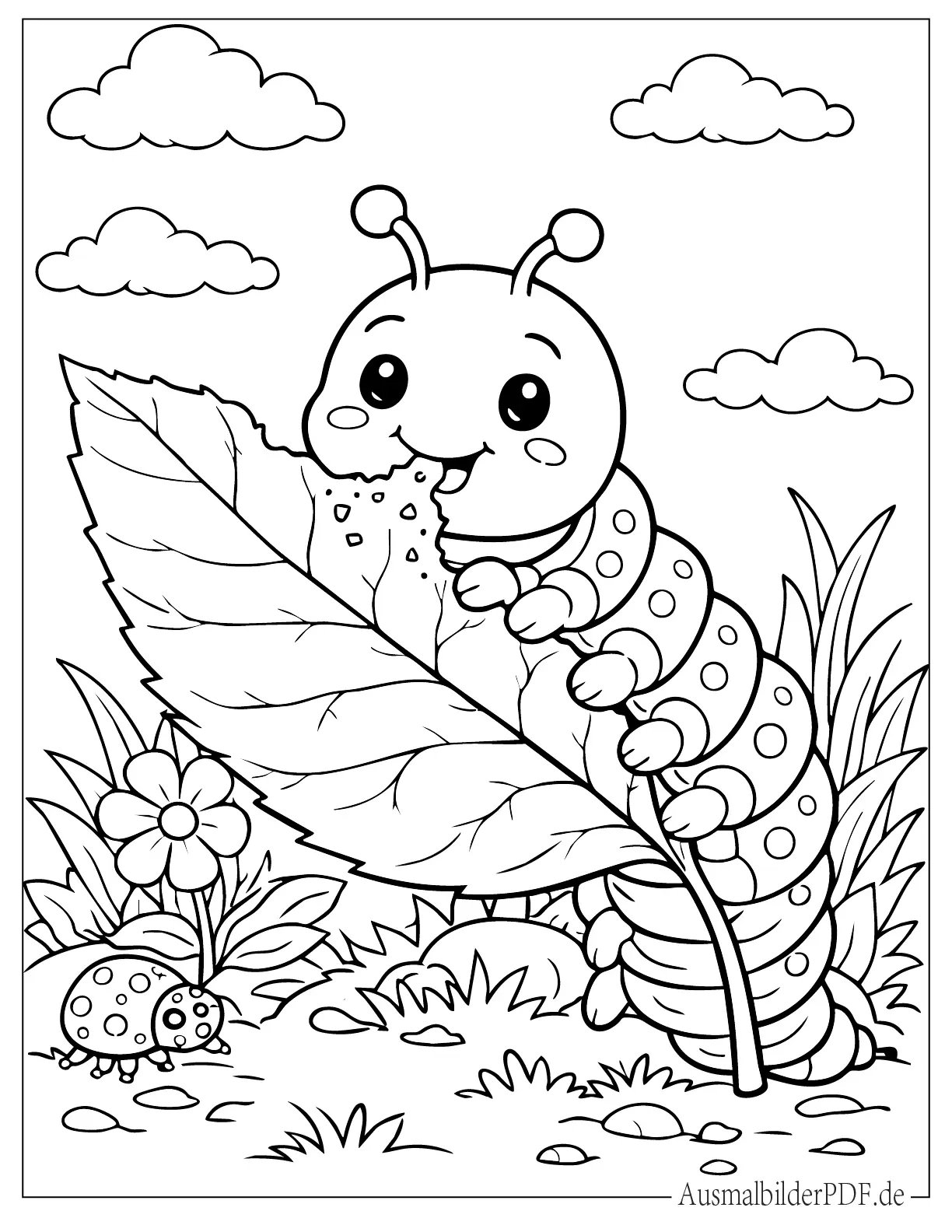 Chibi Raupe frisst ein Blatt zum Ausmalen für Kinder
