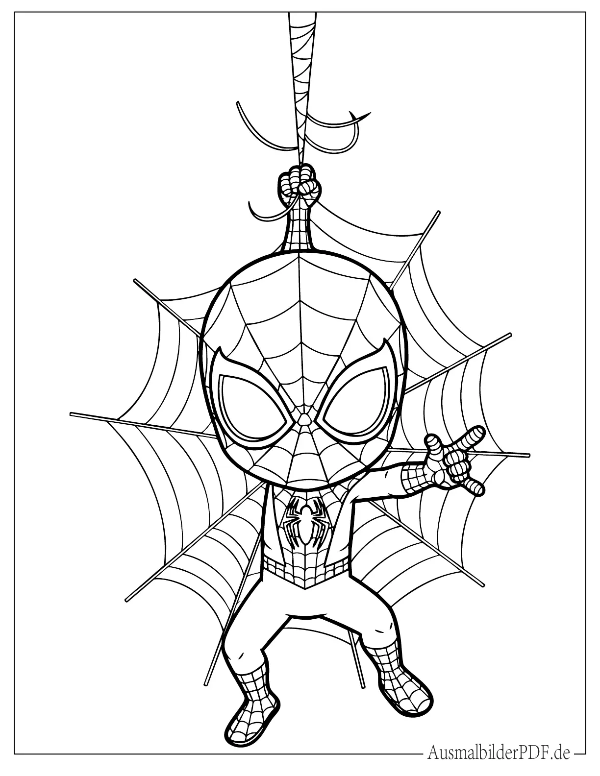 Chibi Spider-Man hängt an einem Spinnennetz Malvorlage für kleine Kinder