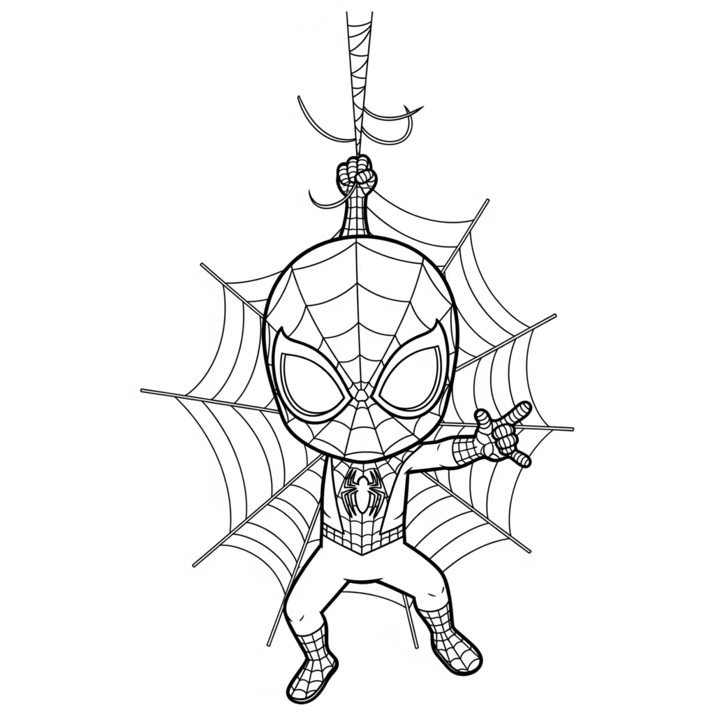 Niedlicher Chibi Spider-Man hängt an seinem Netz in einer kindgerechten, einfachen Ausmalvorlage zum Ausdrucken