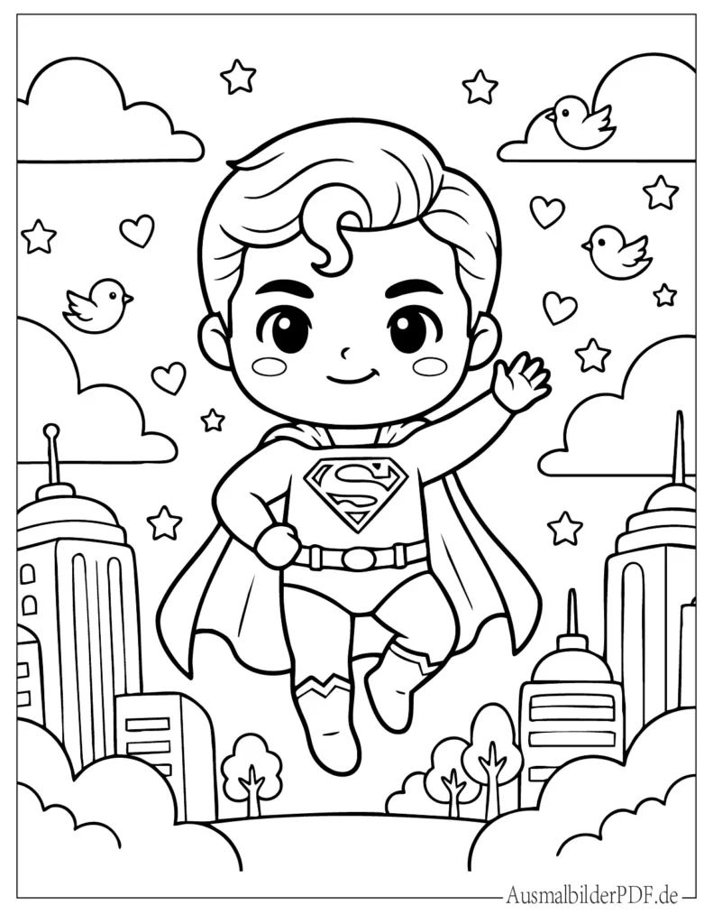 Ausmalbild von niedlichem Chibi Superman, ideal für Kinder zum Ausdrucken und Ausmalen, süßes Superheldenbild