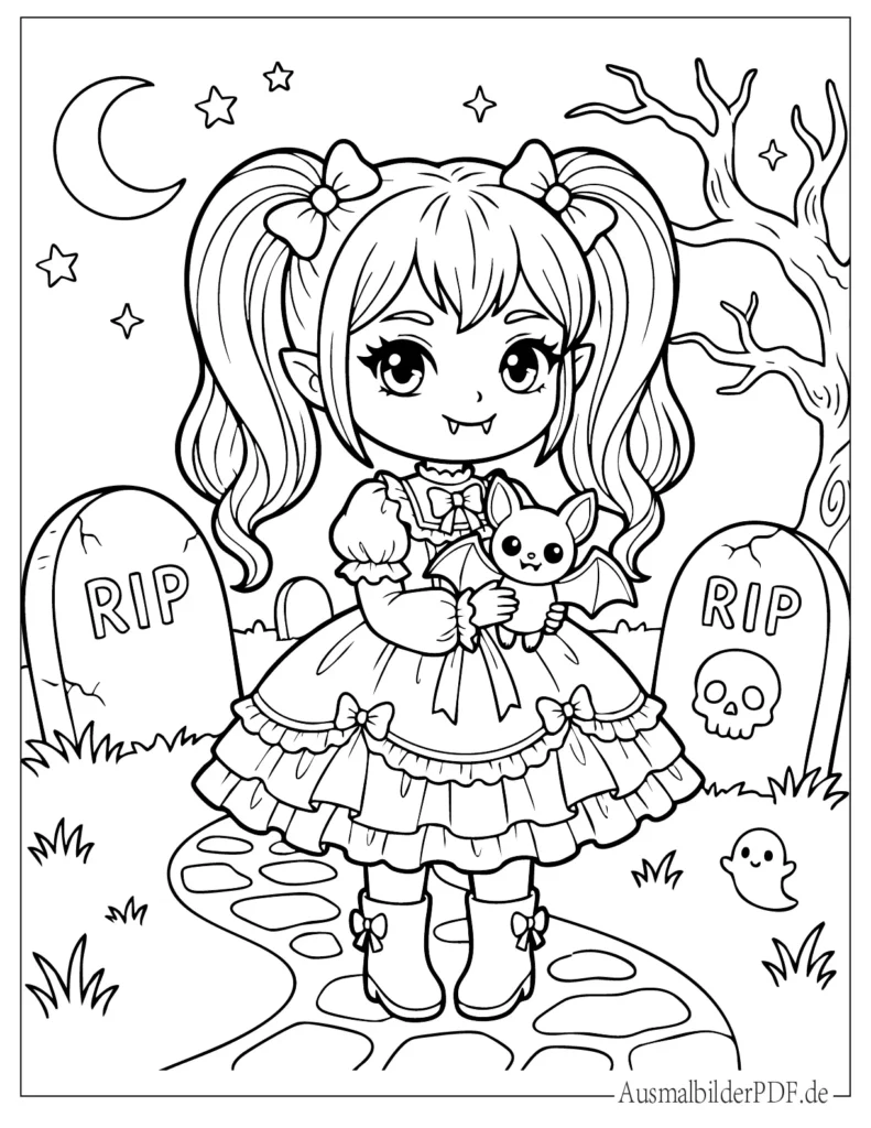 Ausmalbild eines niedlichen Chibi Vampir Mädchens mit Kleid und Zöpfen für Kinder, ideal zum Drucken und Ausmalen