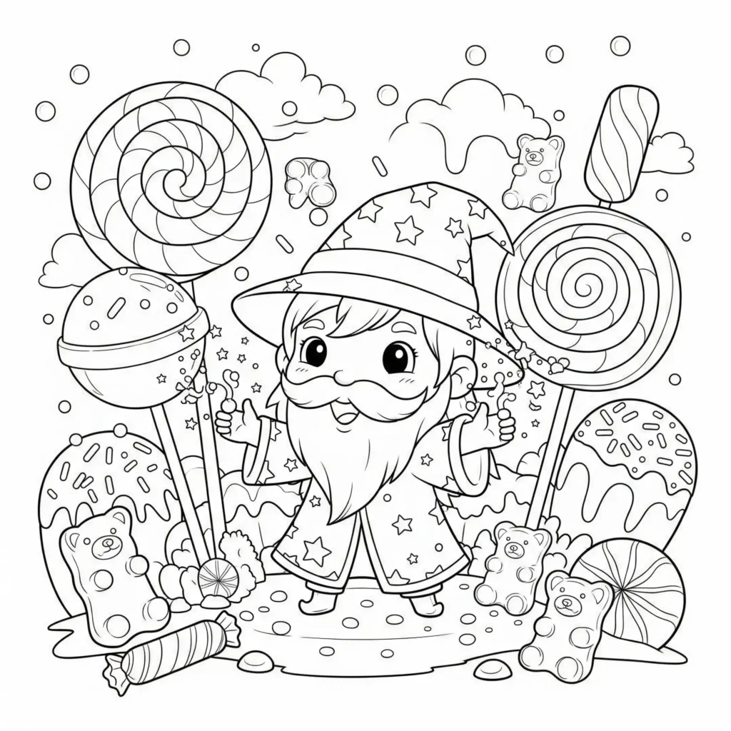 Zauberer Ausmalbilder (Gratis Malvorlage zum Ausdrucken) Chibi Zauberer Ausmalbild für Kinder in einer Welt aus Bonbons, Zuckerstangen und Süßigkeiten – als PDF-Vorlage zum Ausmalen