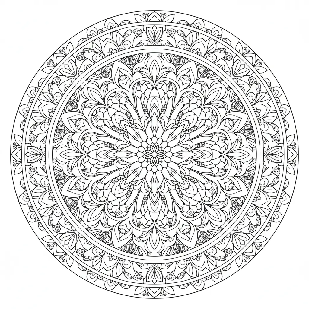 30+ Blumen Ausmalbilder (Gratis Malvorlage zum Ausdrucken) Ein kunstvolles Ausmalbild eines Mandalas mit Chrysanthemenblüten, ideal für Erwachsene, die Ruhe und Kreativität beim Ausmalen suchen