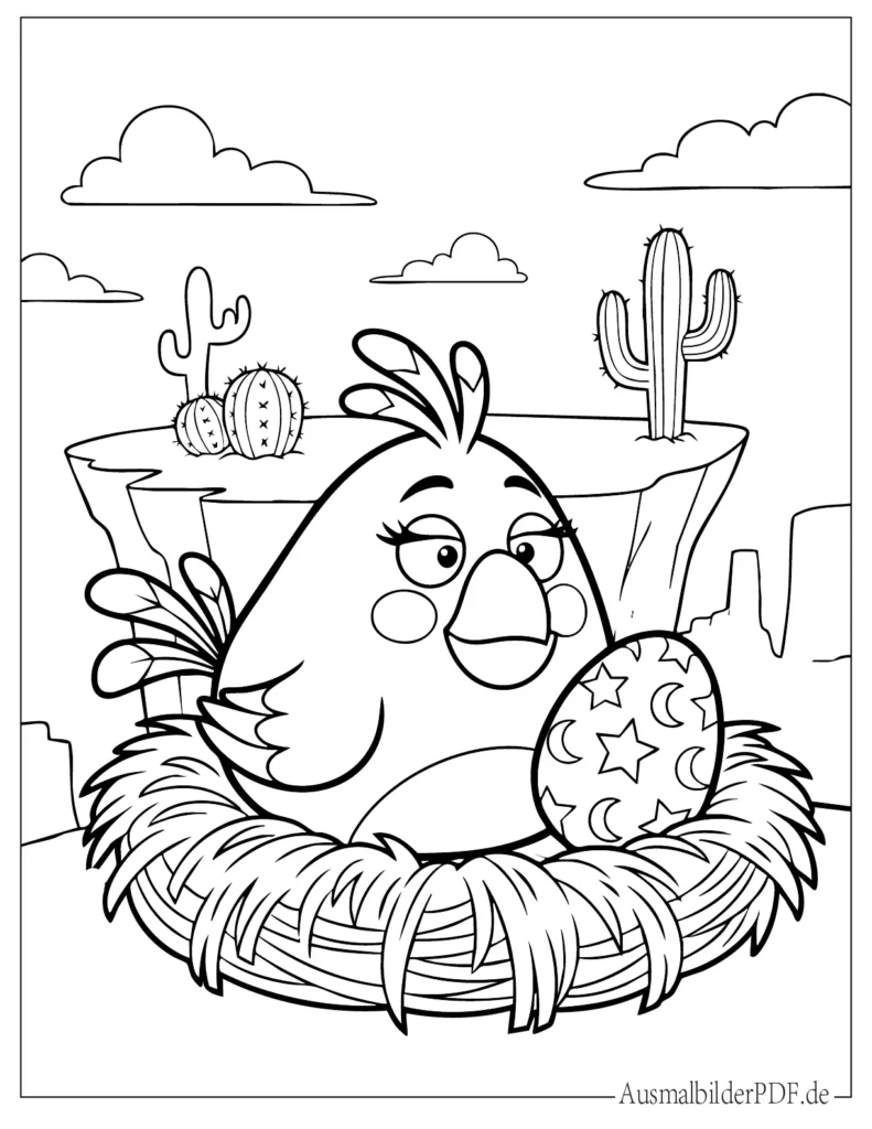 Ausmalblatt von Chuck Angry Bird im Nest mit Ei, perfekt für Kinder zum Ausdrucken und Ausmalen